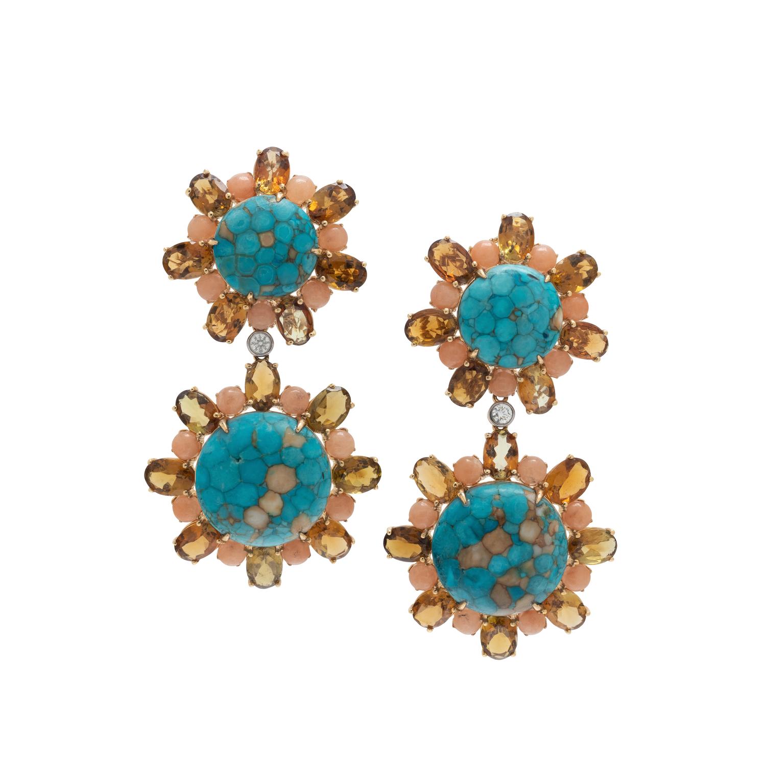 YELLOW GOLD, TURQUOISE, DIAMOND AND GEMSTONE EARCLIPS