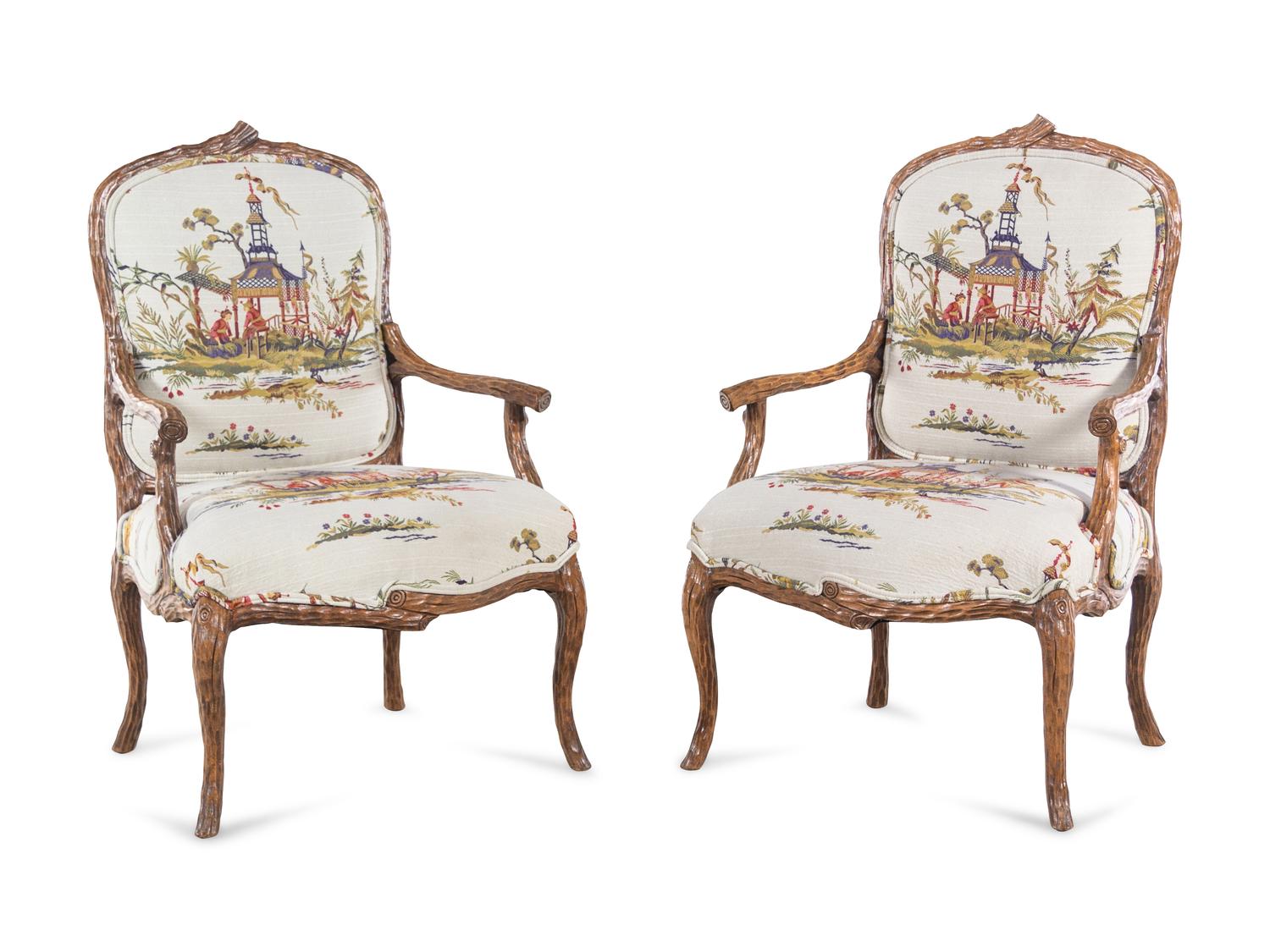 A Pair of Louis XV Style Faux Bois-Carved Fauteuils