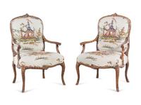 A Pair of Louis XV Style Faux Bois-Carved Fauteuils