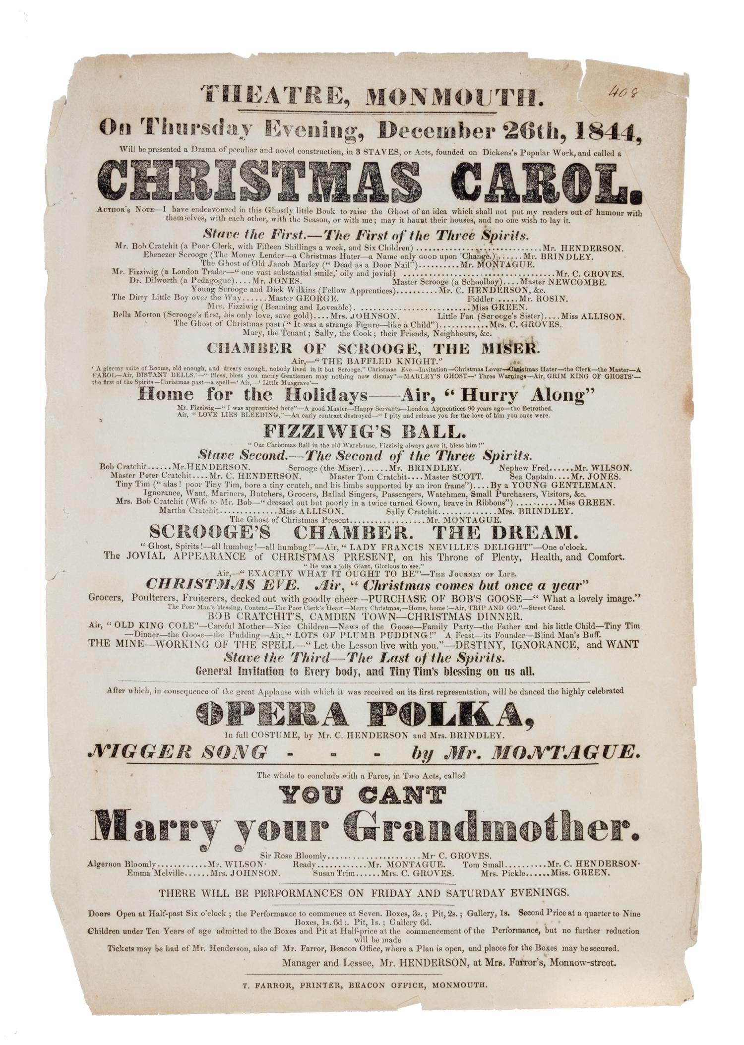 DICKENS, CHARLES. Theatre poster for Christman Carol, December 26, 1844.