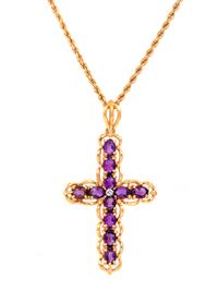 A 14 Karat Yellow Gold and Amethyst Cross Pendant/Necklace,