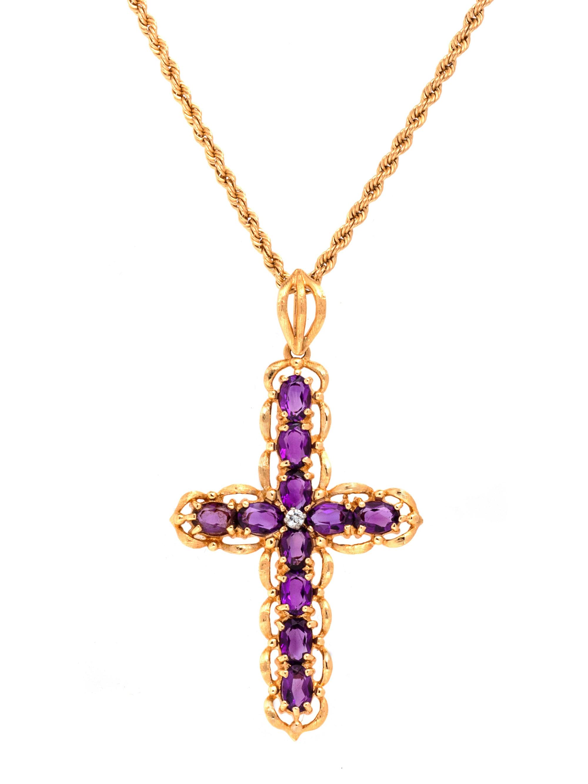 A 14 Karat Yellow Gold and Amethyst Cross Pendant/Necklace,