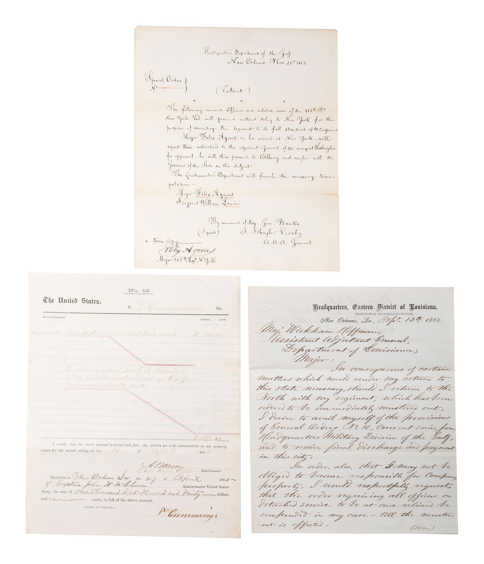 [CIVIL WAR]. Documents related to the occupation of New Orleans and Union troops in Louisiana.