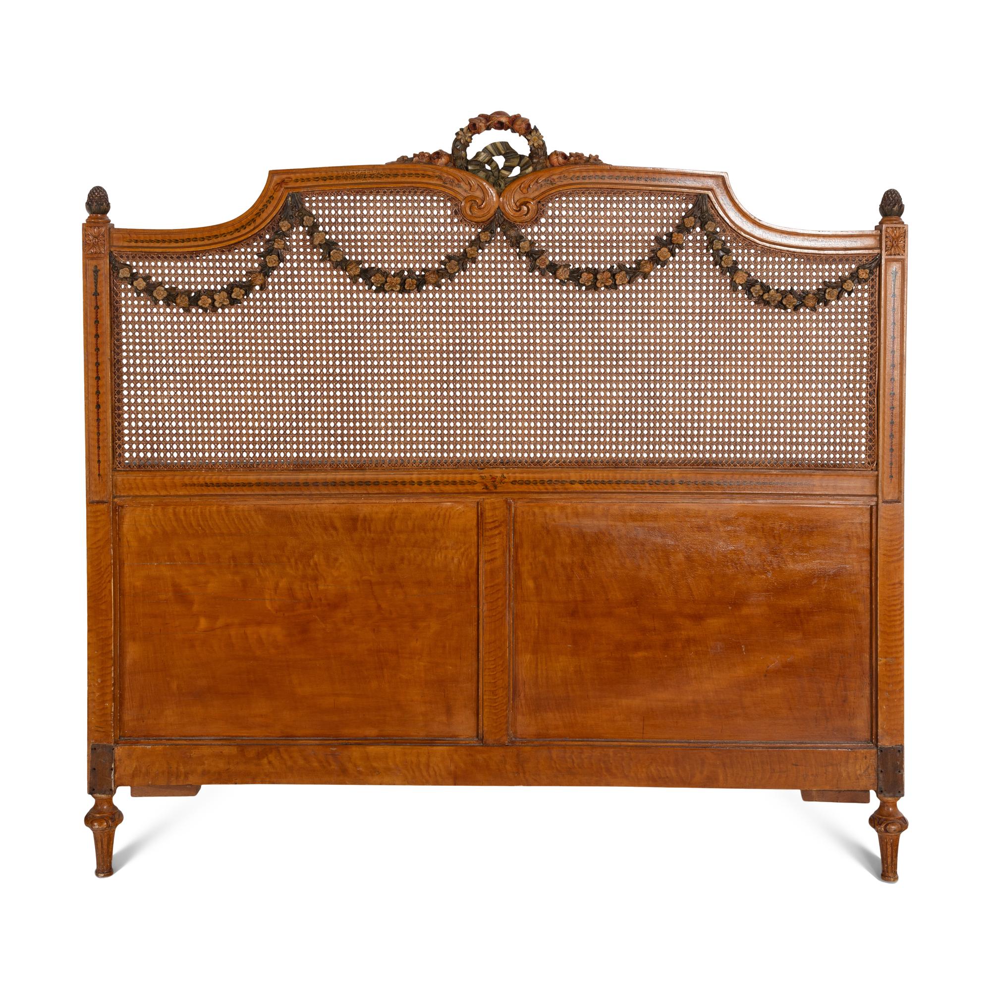 An Edwardian Satinwood and Polychrome Painted Headboard and Footboard