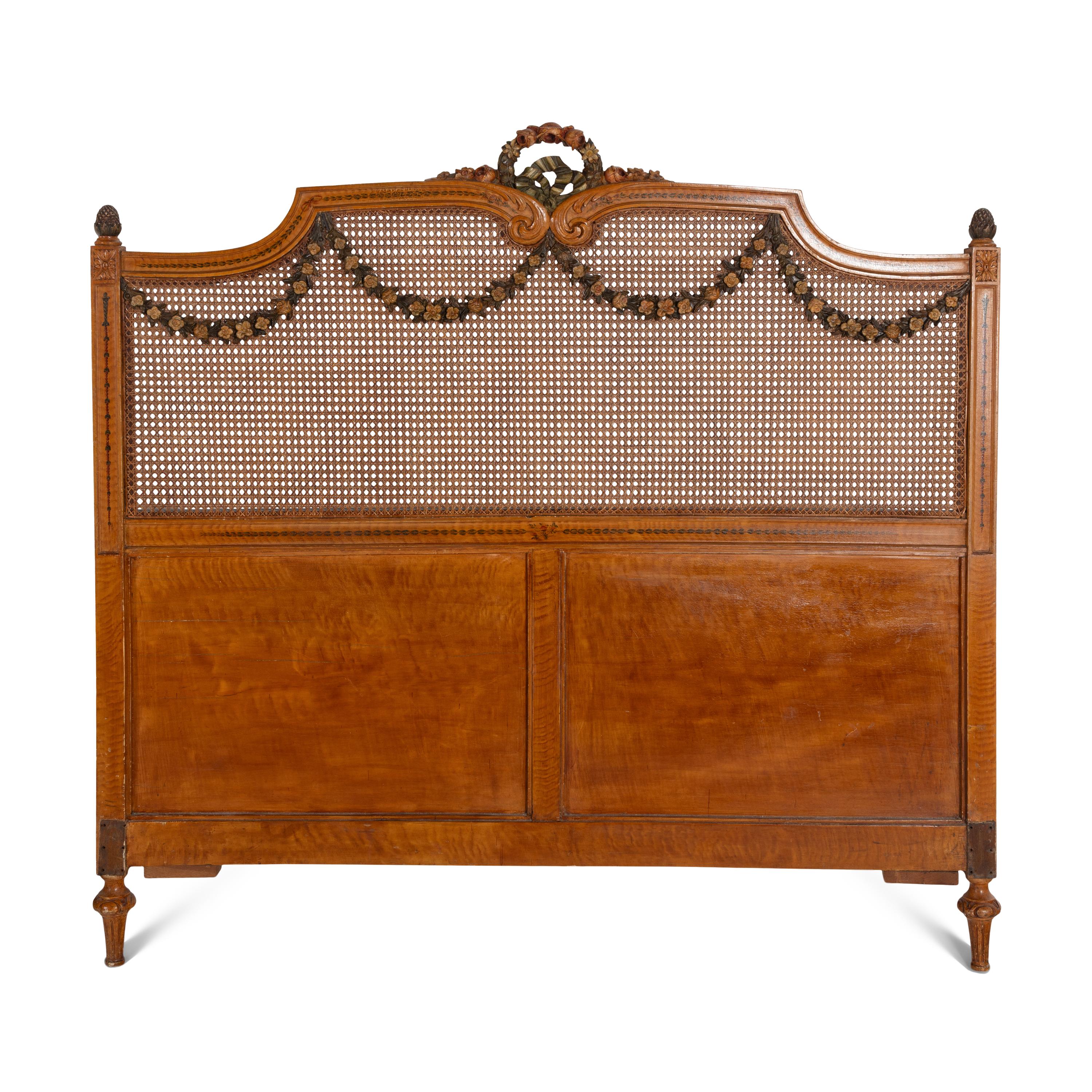 An Edwardian Satinwood and Polychrome Painted Headboard and Footboard