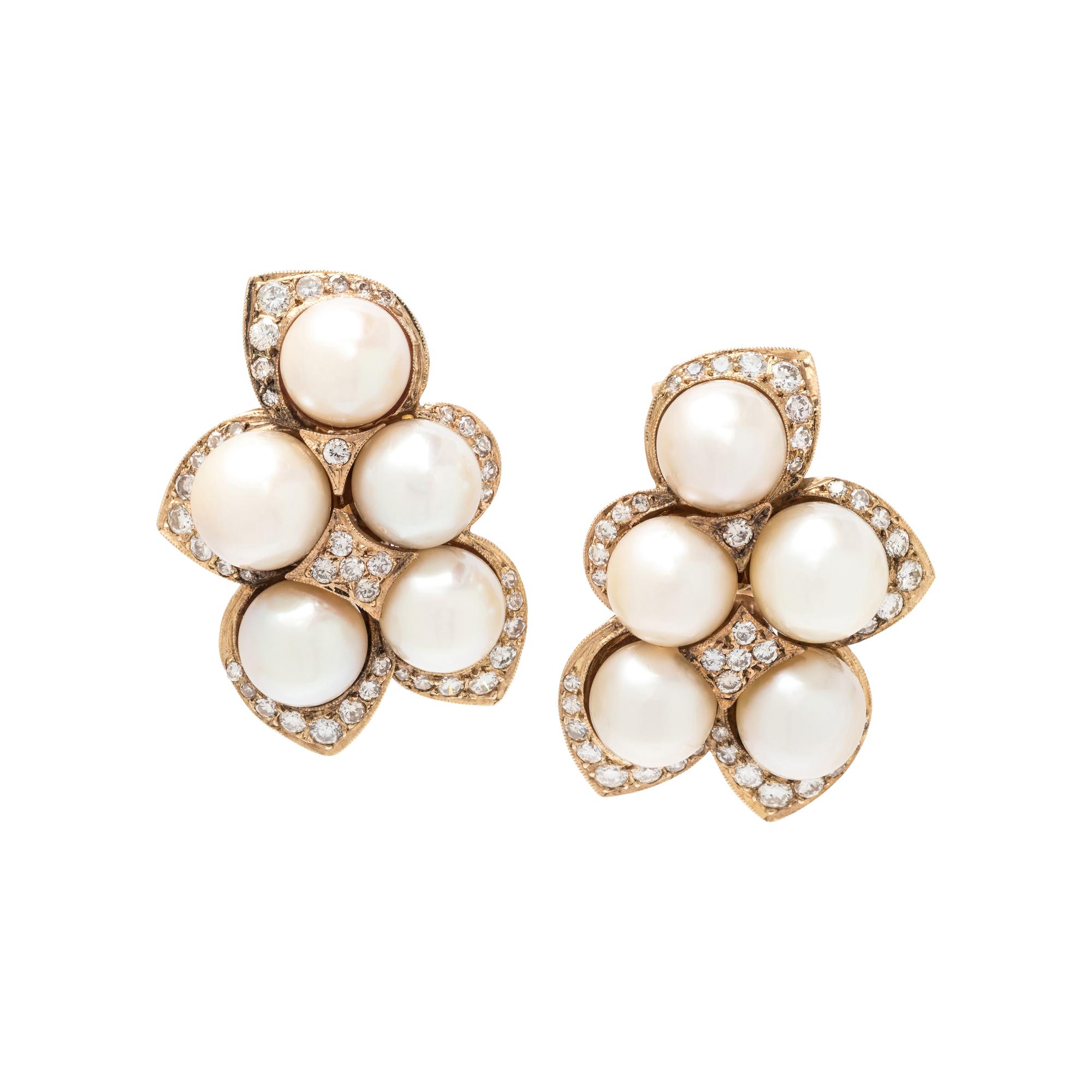 CULTURED PEARL AND DIAMOND EARCLIPS