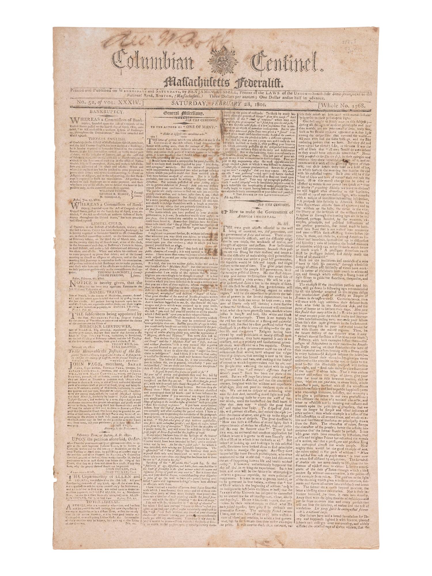 [JEFFERSON, Thomas (1743-1826)]. Columbian Centinel and Massachusetts Federalist . Vol. XXXIV, No. 52. Boston: Benjamin Russell, 28 February 1801.