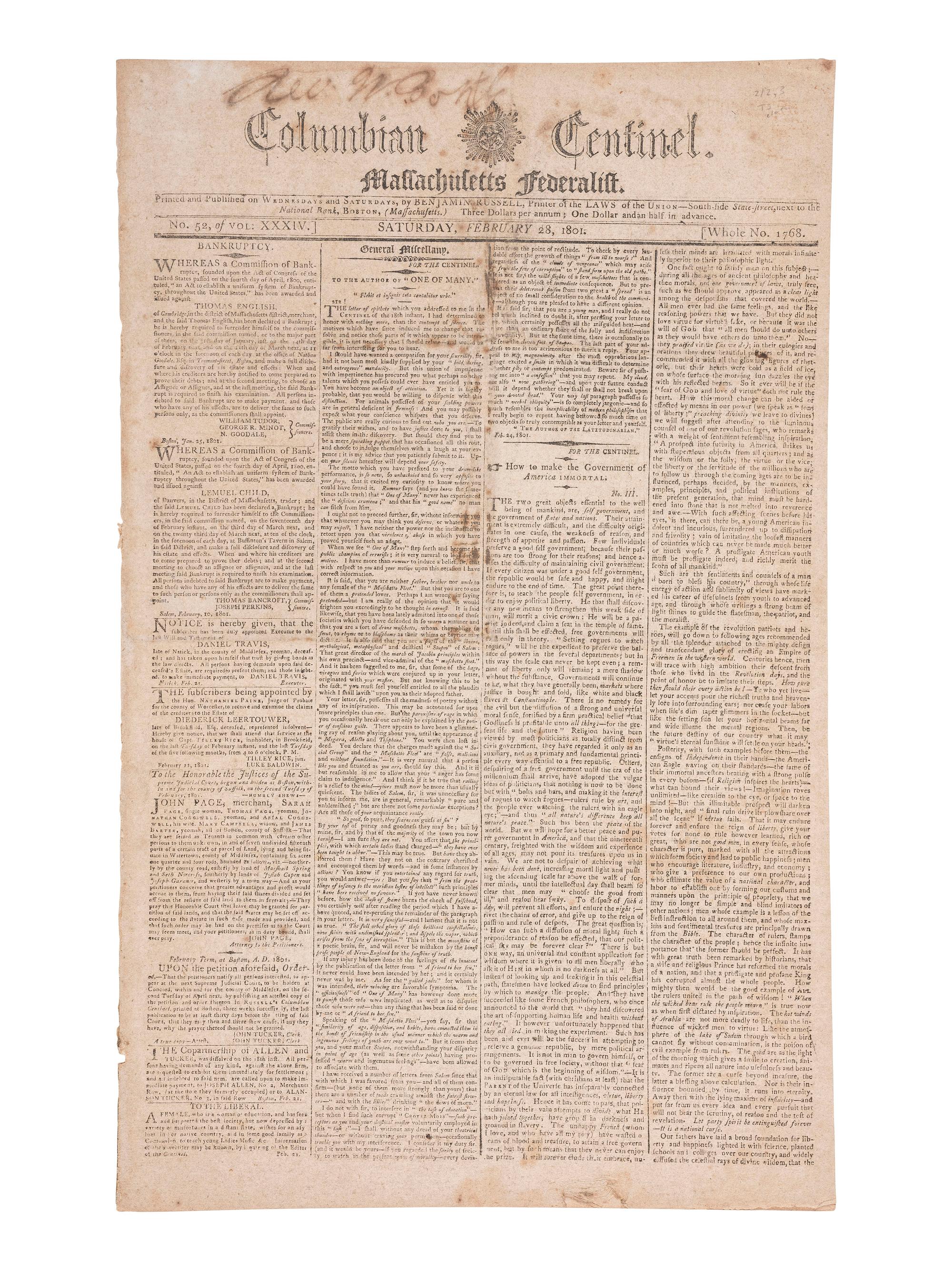 [JEFFERSON, Thomas (1743-1826)]. Columbian Centinel and Massachusetts Federalist . Vol. XXXIV, No. 52. Boston: Benjamin Russell, 28 February 1801.