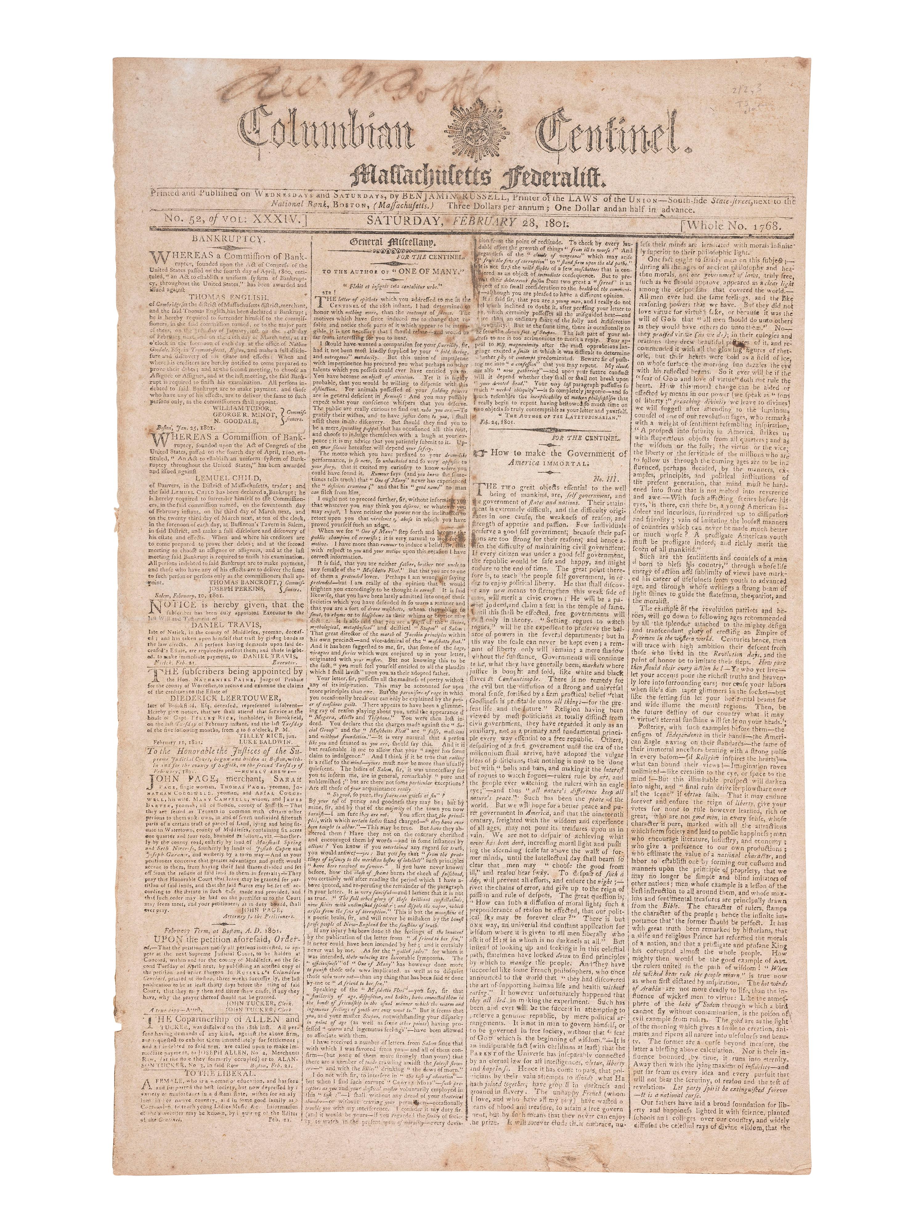 [JEFFERSON, Thomas (1743-1826)]. Columbian Centinel and Massachusetts Federalist . Vol. XXXIV, No. 52. Boston: Benjamin Russell, 28 February 1801.