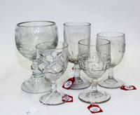 A Group of Five American Molded Glass Wine Goblets Height of tallest 7 1/4 inches. — 19TH CENTURY