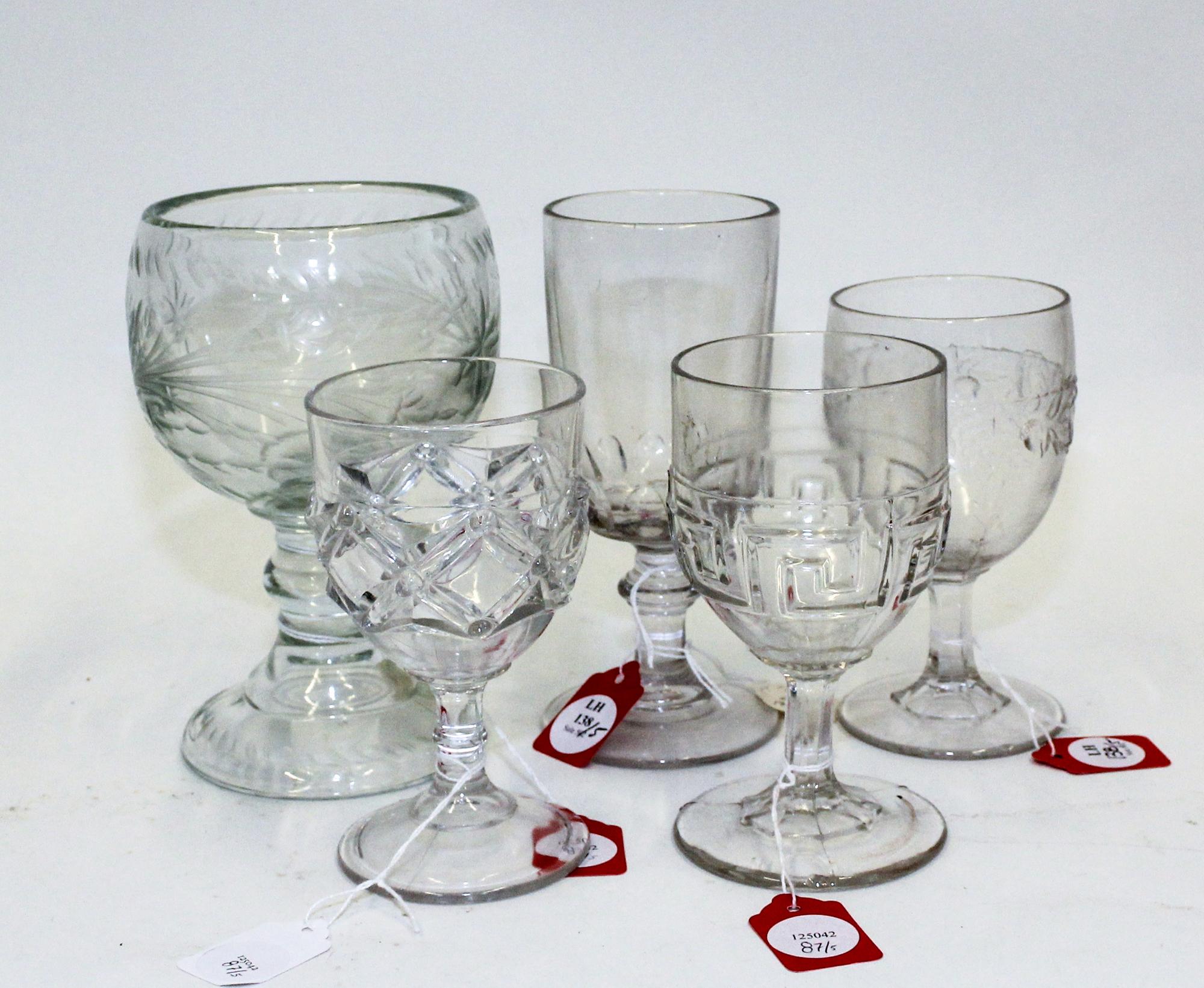 A Group of Five American Molded Glass Wine Goblets Height of tallest 7 1/4 inches. — 19TH CENTURY