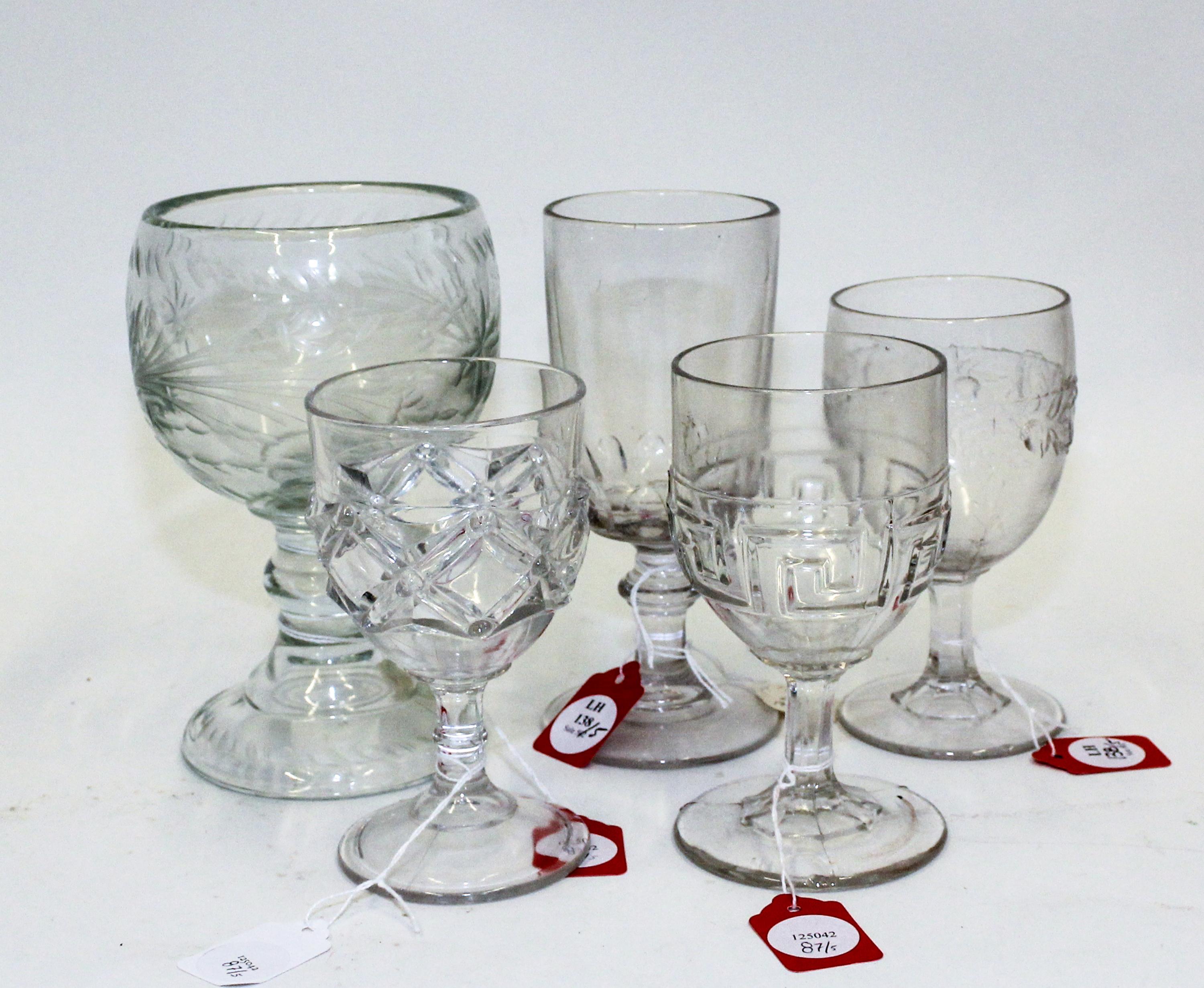 A Group of Five American Molded Glass Wine Goblets Height of tallest 7 1/4 inches. — 19TH CENTURY