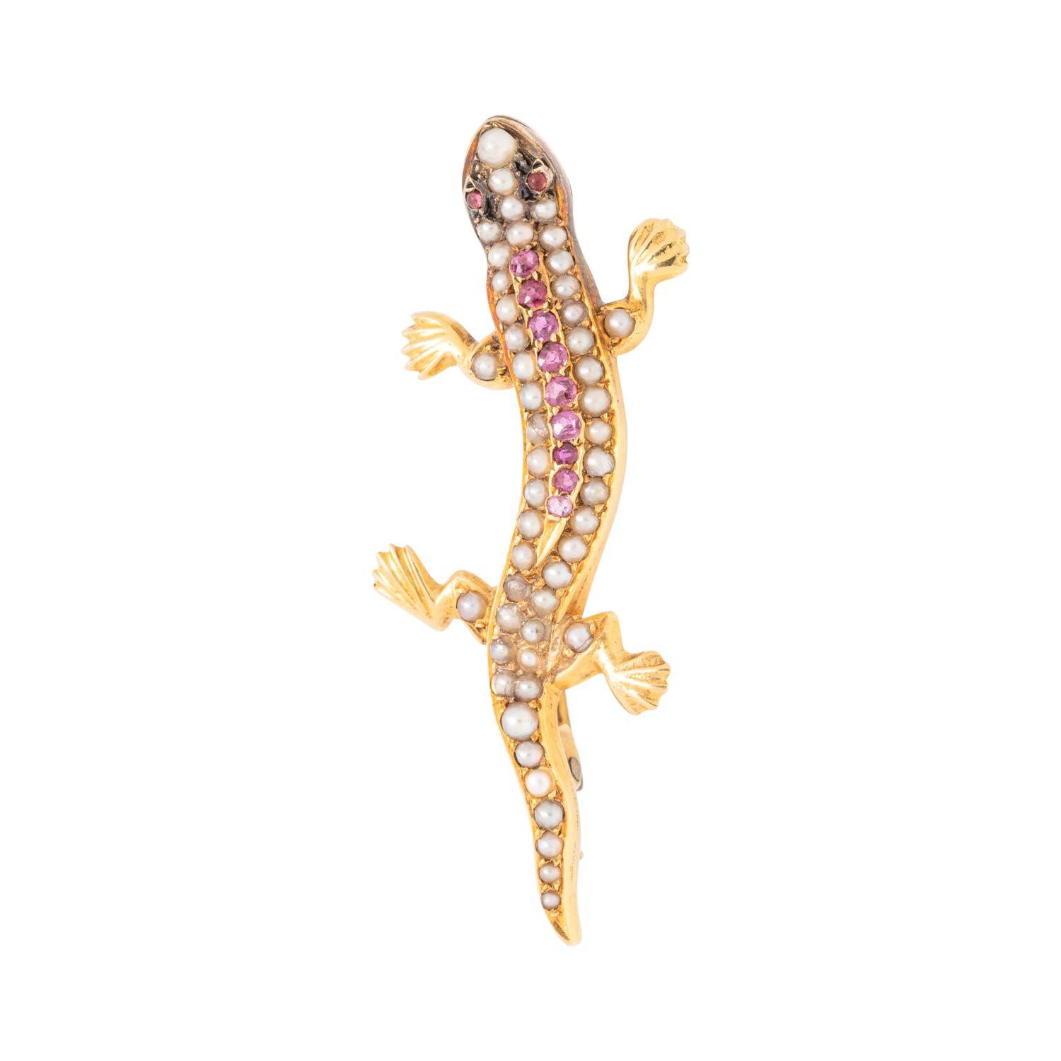 RUBY AND SEED PEARL SALAMANDER BROOCH