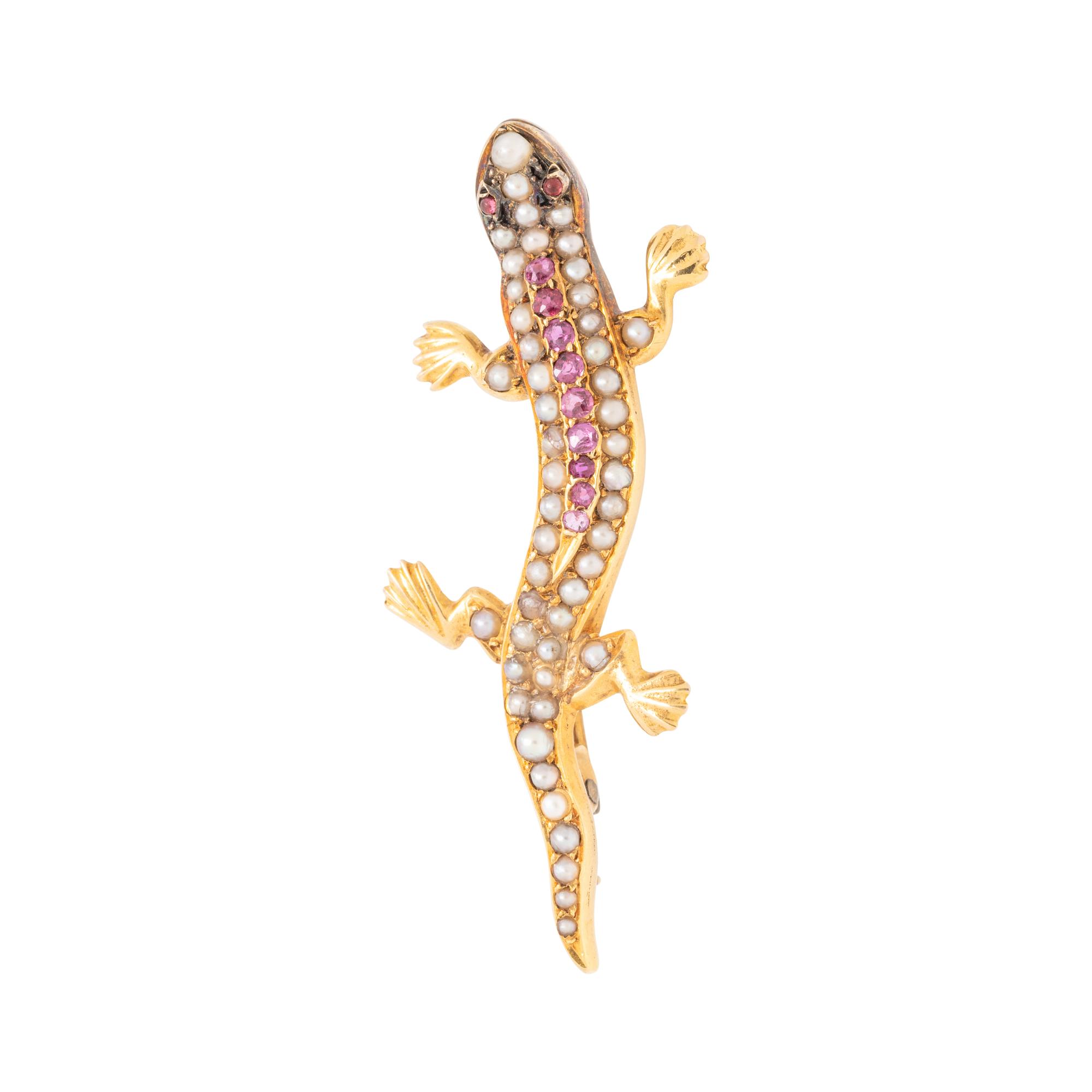 RUBY AND SEED PEARL SALAMANDER BROOCH