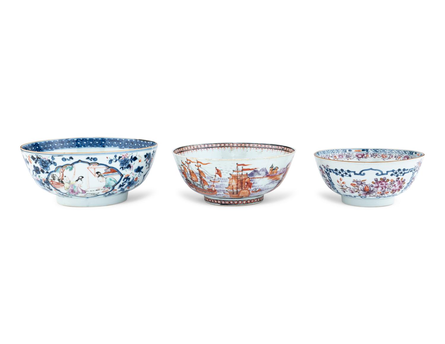 Three Chinese Export Famille Rose Porcelain Bowls