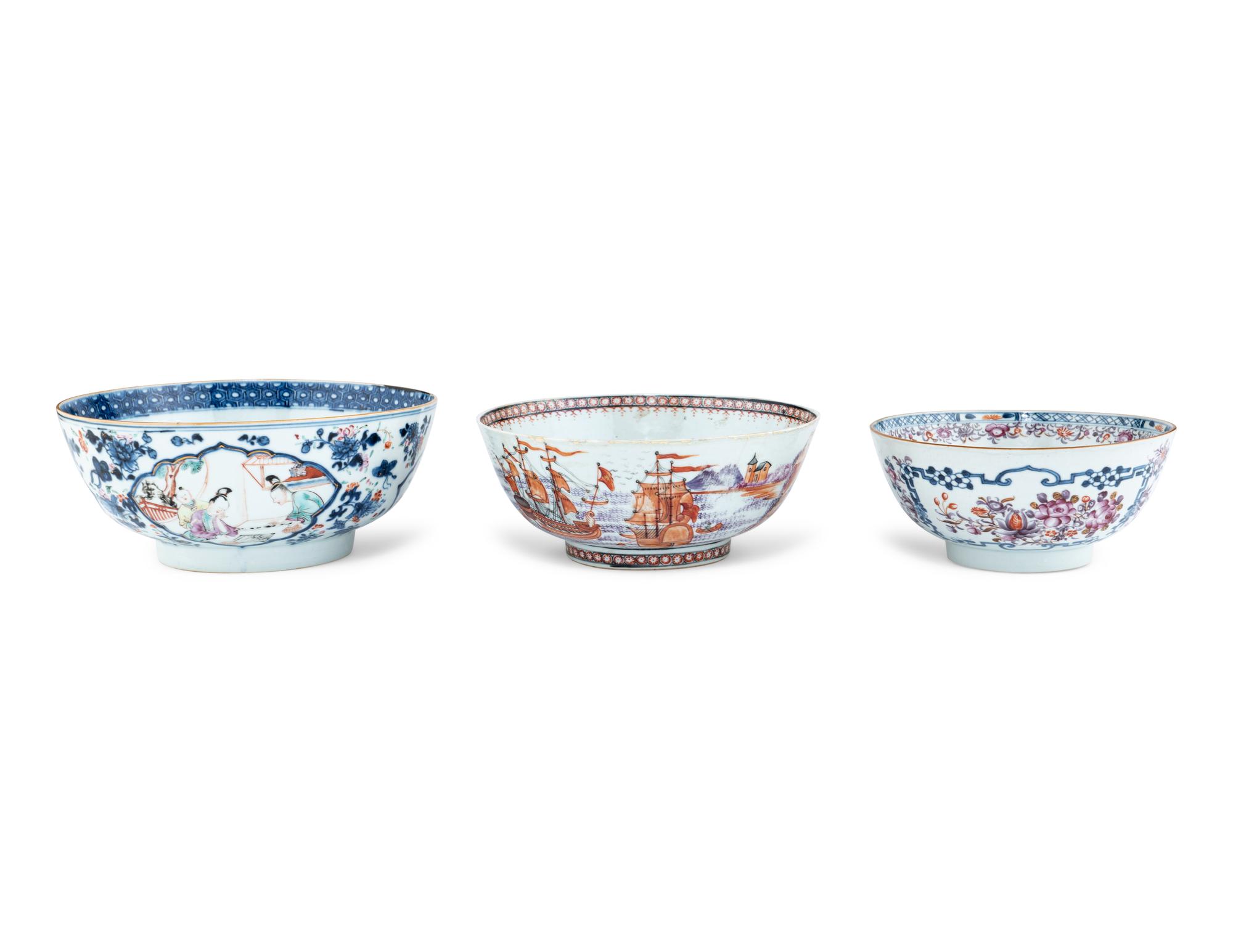 Three Chinese Export Famille Rose Porcelain Bowls