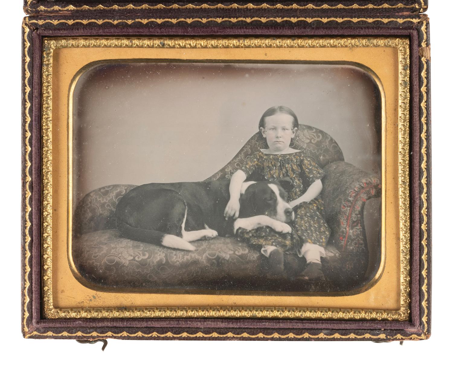 [EARLY PHOTOGRAPHY]. Quarter plate daguerreotype of a young girl posed with her dog.