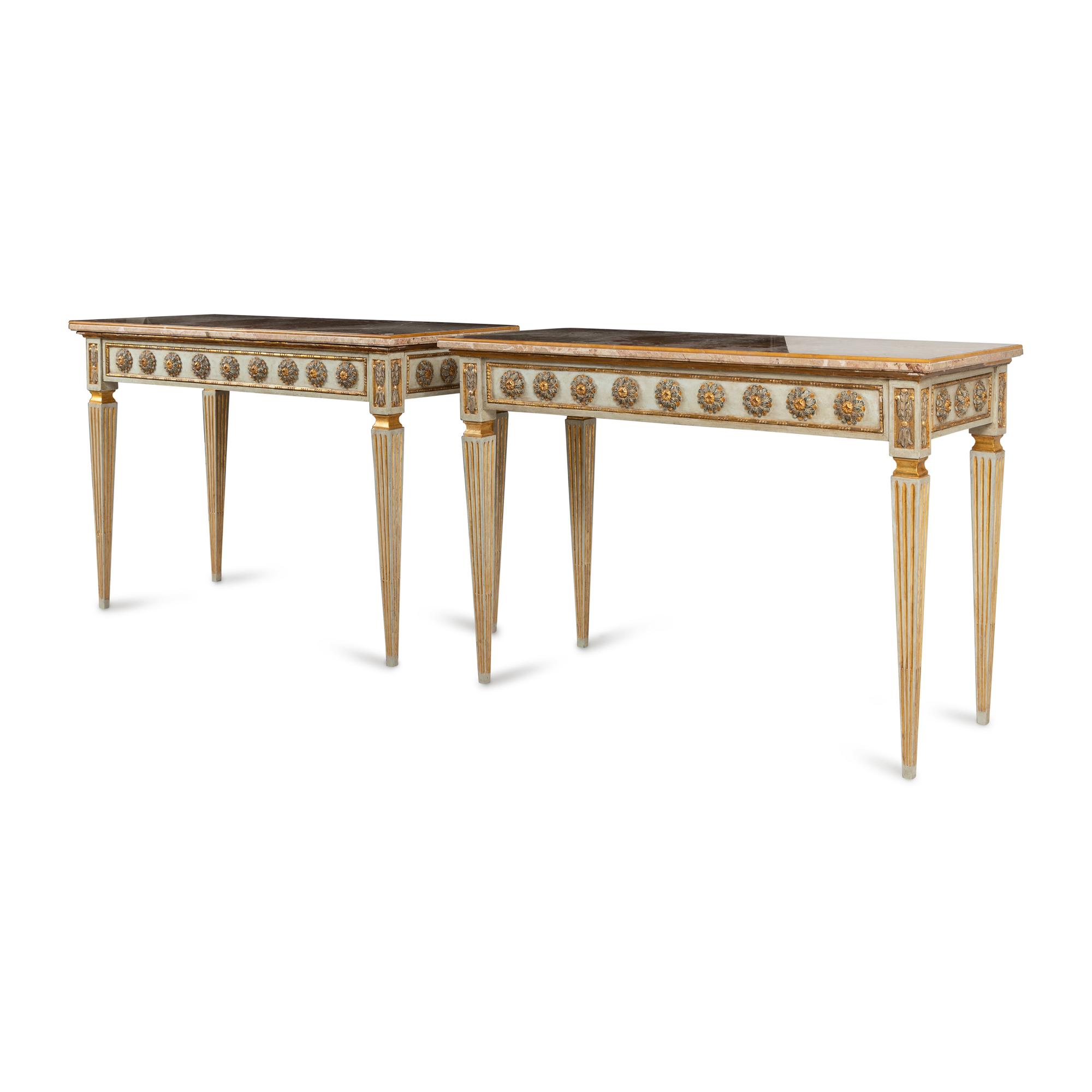 A Pair of Italian Neoclassical Painted and Parcel Gilt Console Tables