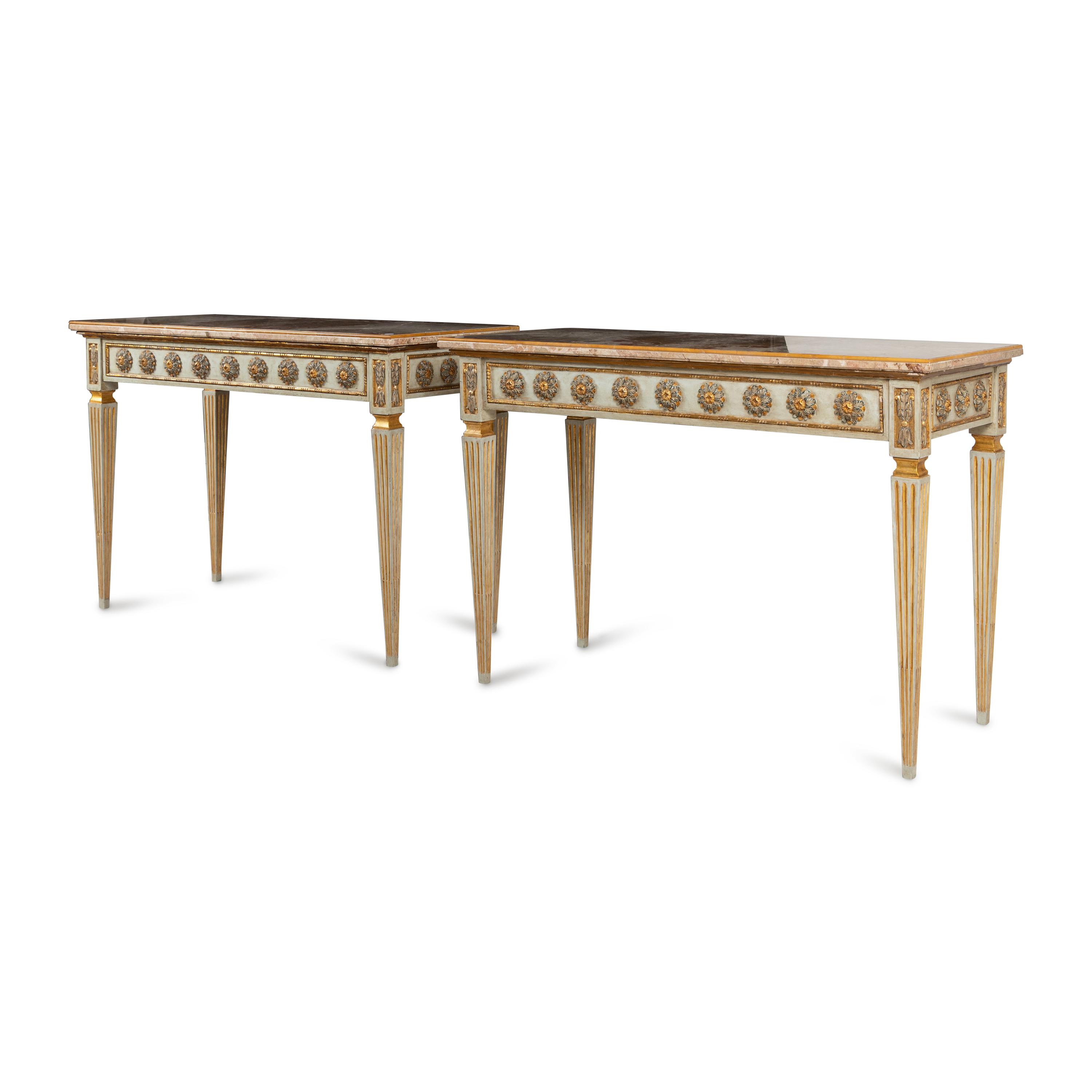 A Pair of Italian Neoclassical Painted and Parcel Gilt Console Tables