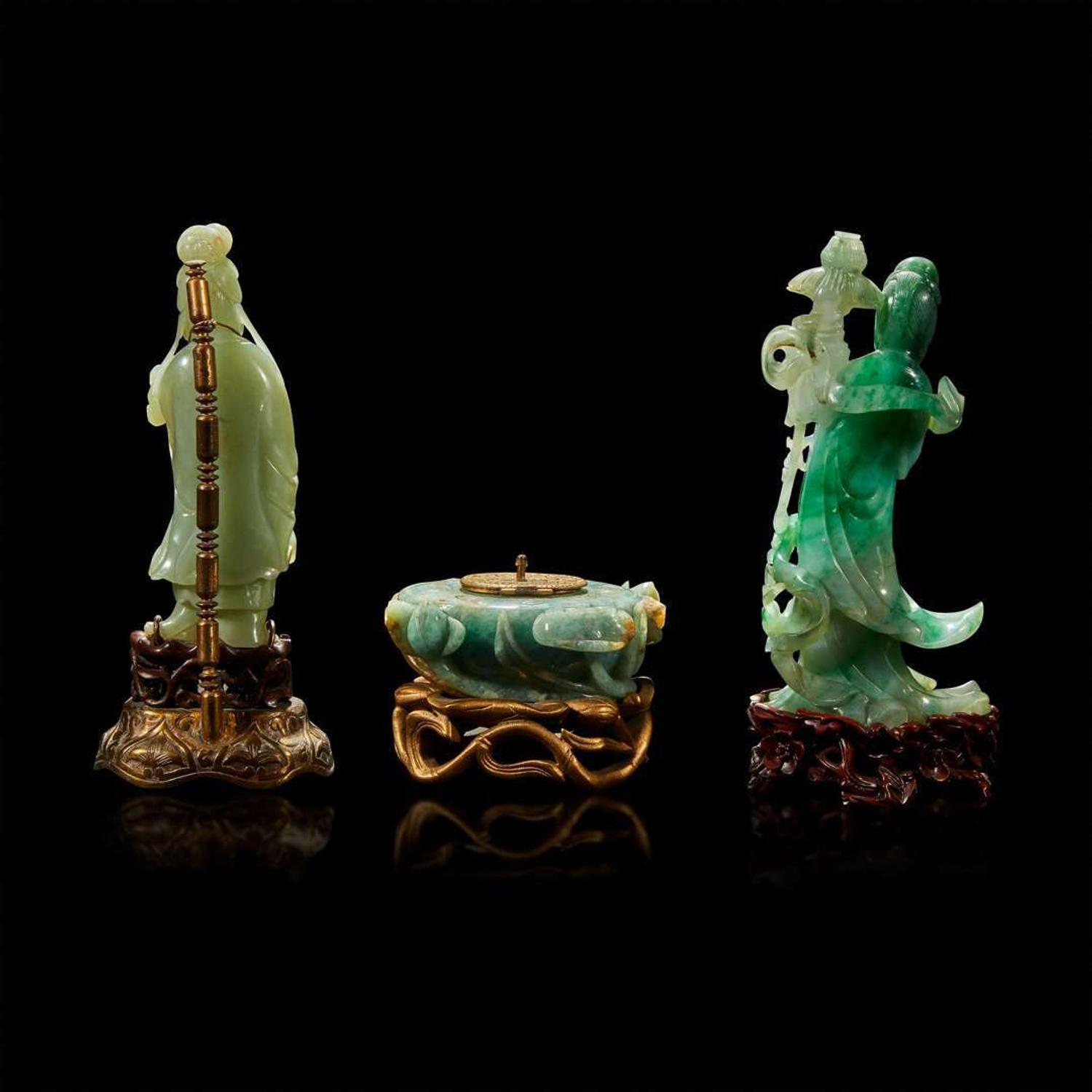 A Chinese carved jadeite meiren, a carved celadon jade meiren, and a carved jadeite lotus pod-form inkwell