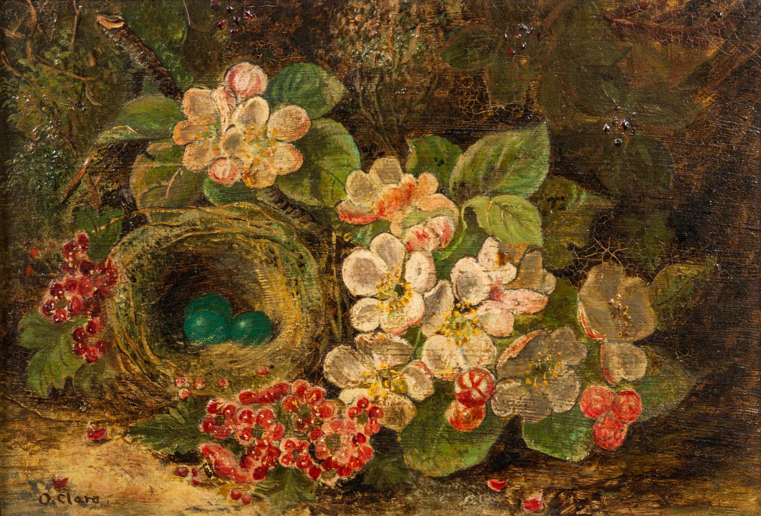 Oliver Clare, (English, 1853-1927), Still Life with Bird's Nest, Fruit and Flowers