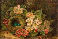 Oliver Clare, (English, 1853-1927), Still Life with Bird's Nest, Fruit and Flowers