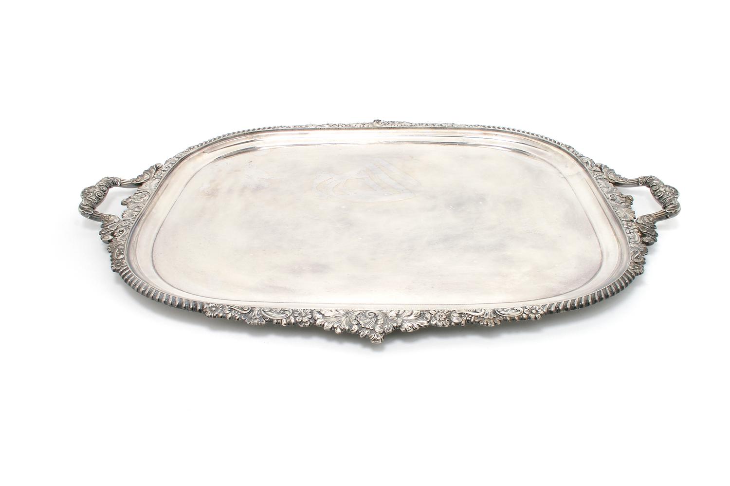 A Regency Silverplate Tray, Sheffield, Length 28 inches.
