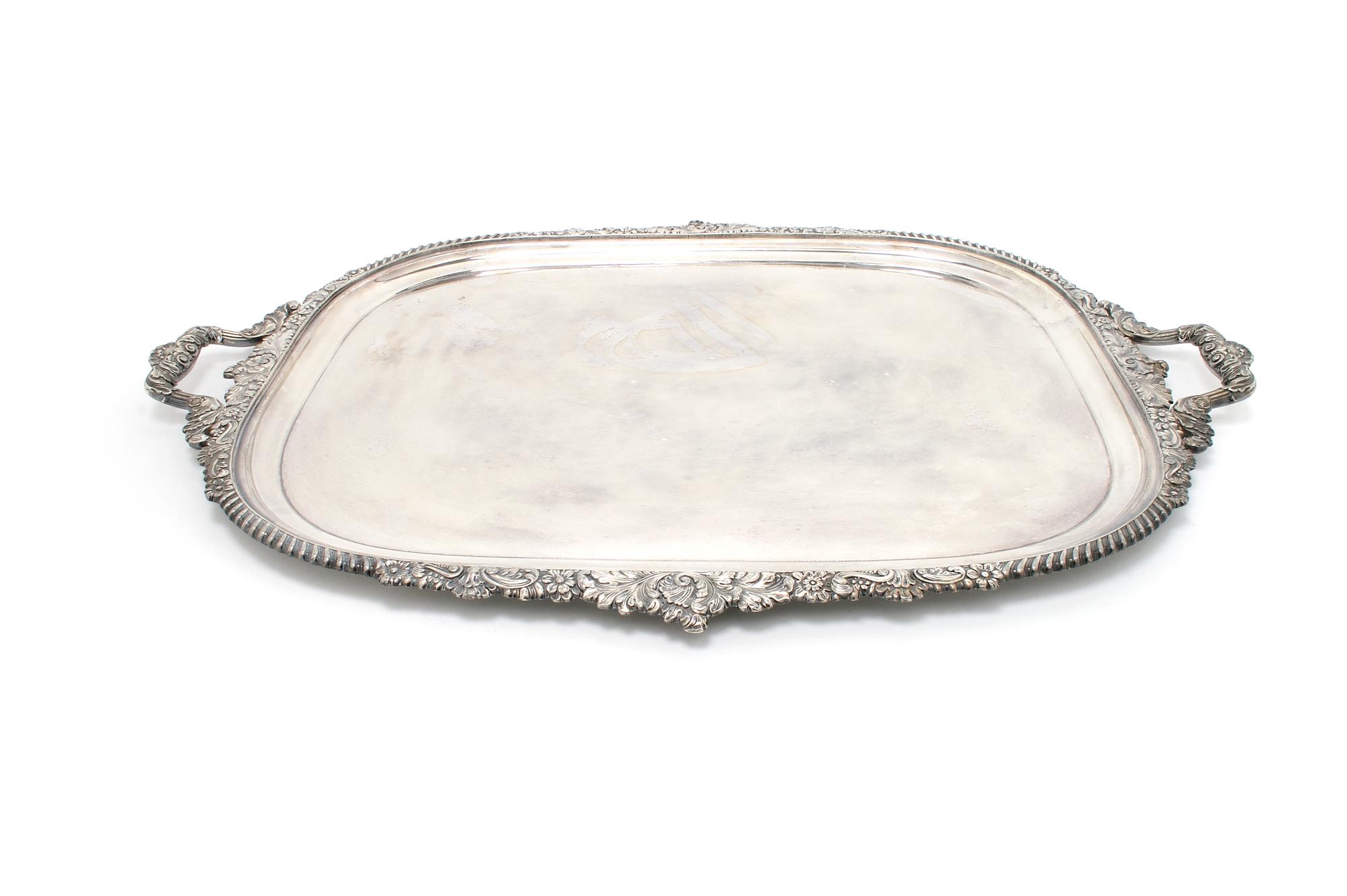 A Regency Silverplate Tray, Sheffield, Length 28 inches.