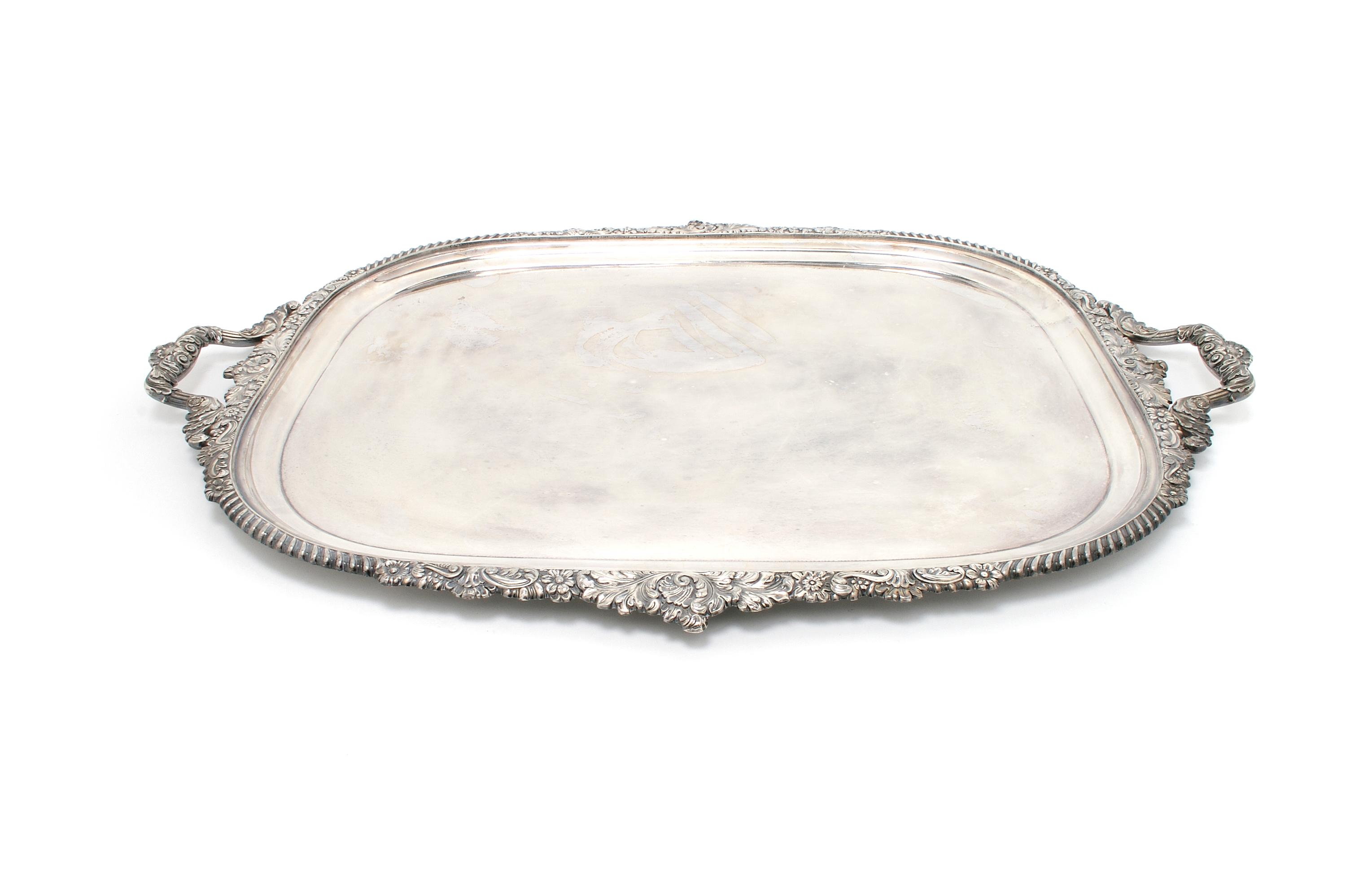 A Regency Silverplate Tray, Sheffield, Length 28 inches.