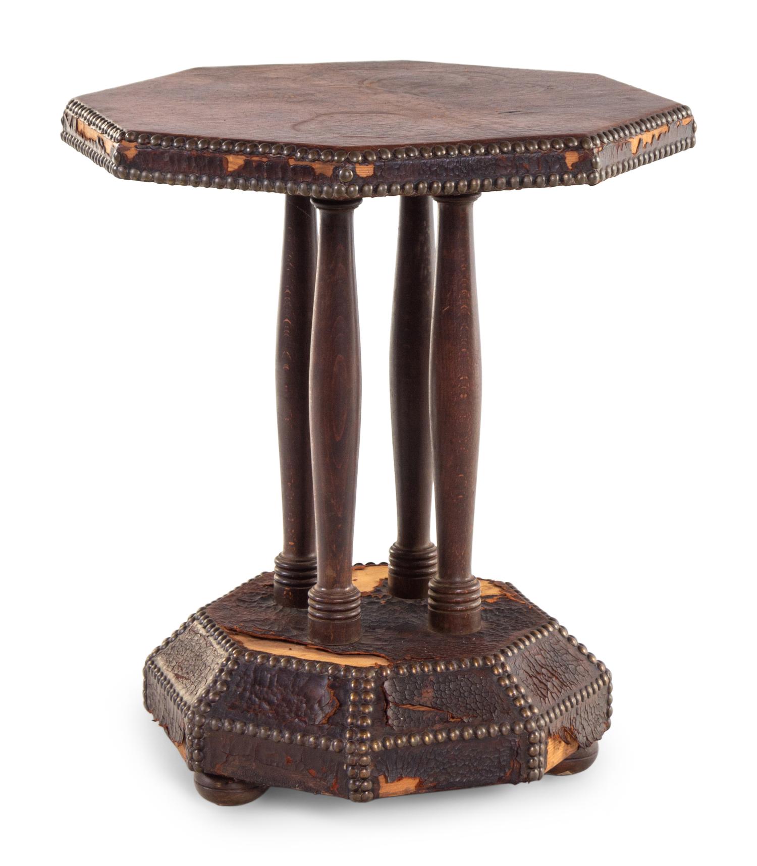 A Continental Leather and Nailhead Decorated Oak Side Table