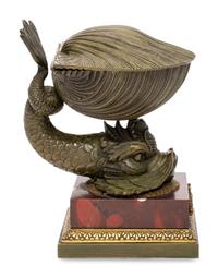 A French Bronze and Marble Dolphin and Shell Ink Stand