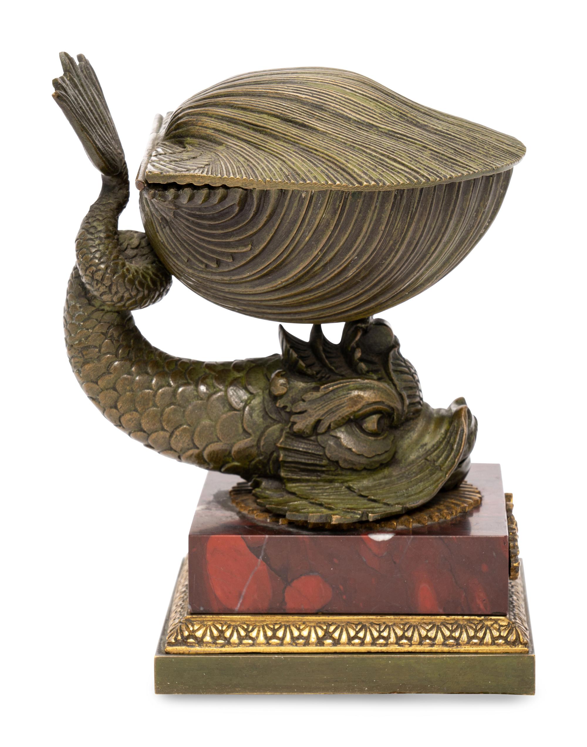 A French Bronze and Marble Dolphin and Shell Ink Stand