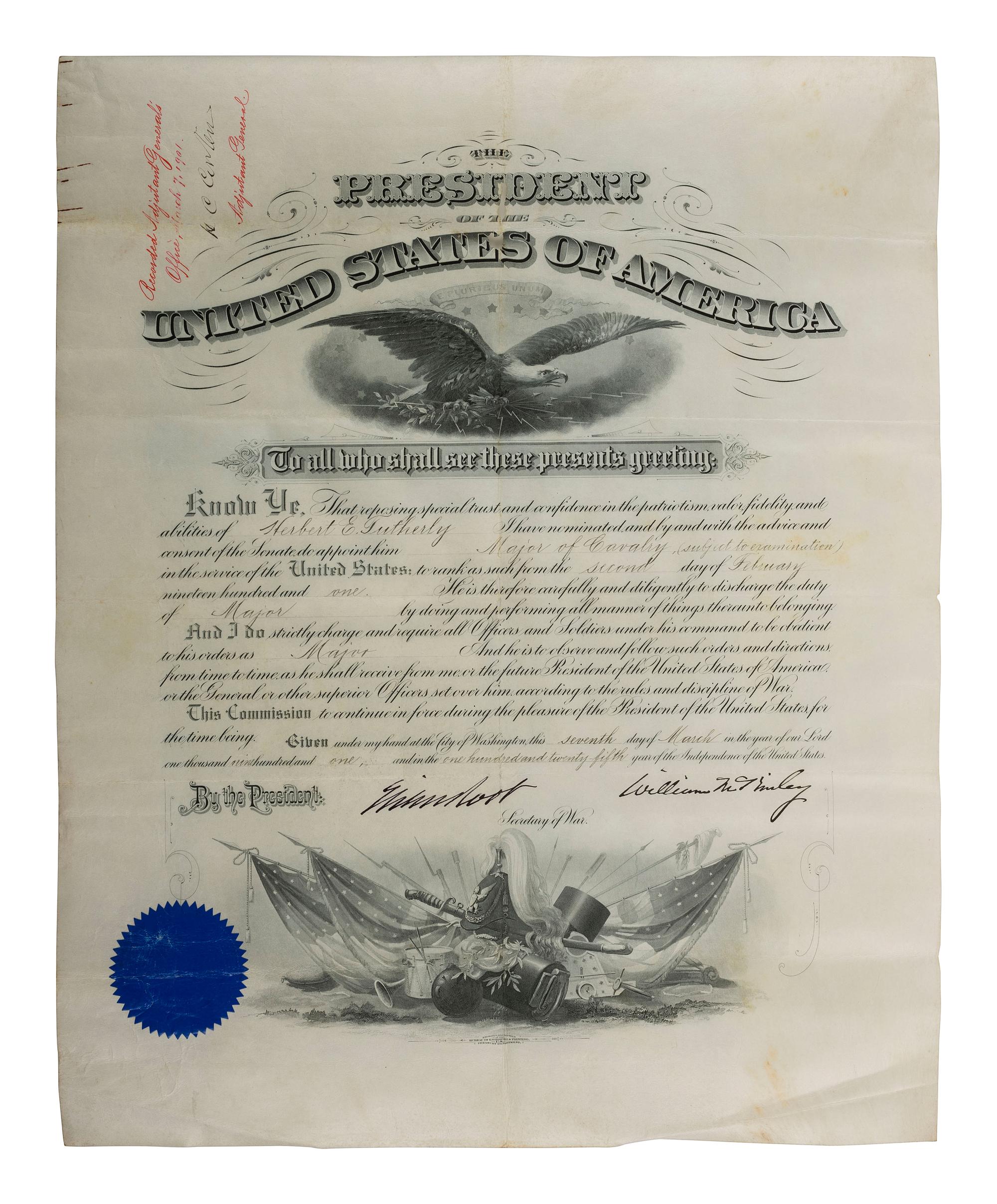 [MILITARIA]. A group of 4 commissions for General Herbert Everett Tutherly, Commander of Squadron at the Battle of San Juan Hill, signed by Presidents GRANT, HAYES, HARRISON, and MCKINLEY.