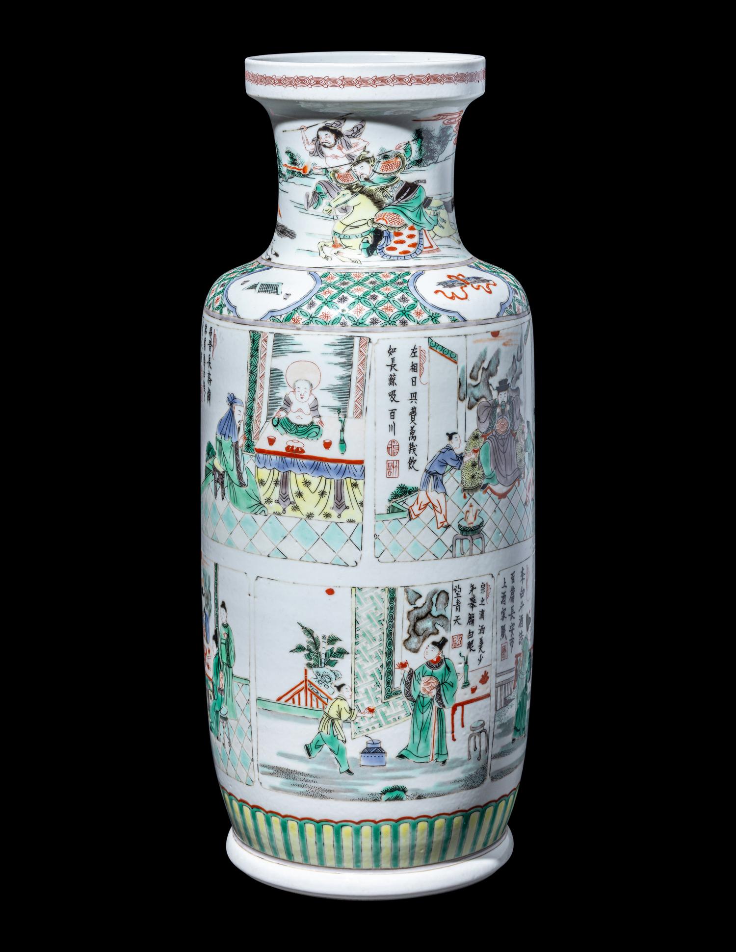 A Chinese Famille Verte Porcelain 'Figures' Rouleau Vase