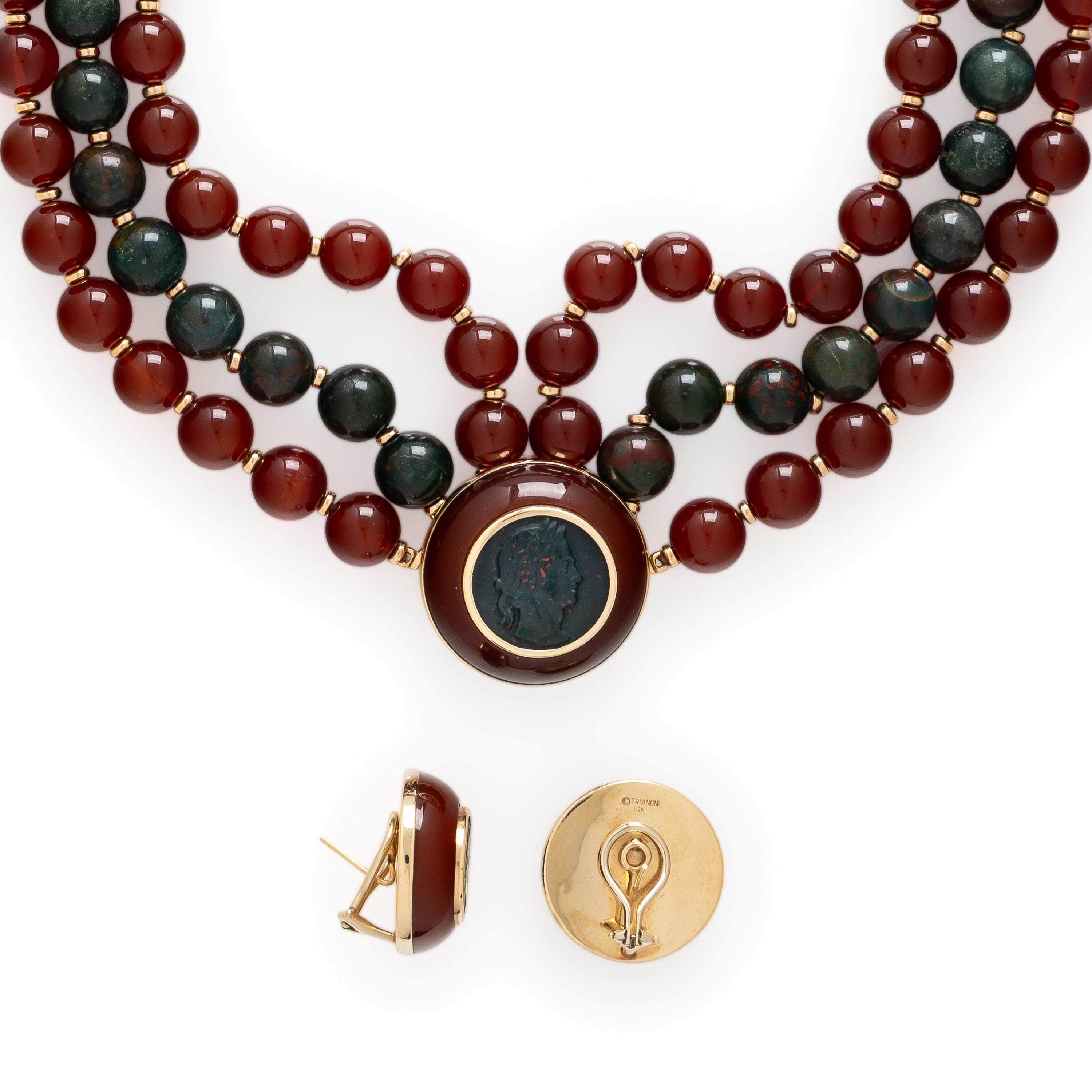 Trianon, Carnelian, Bloodstone, and Yellow Gold Convertible Necklace and Earrings
