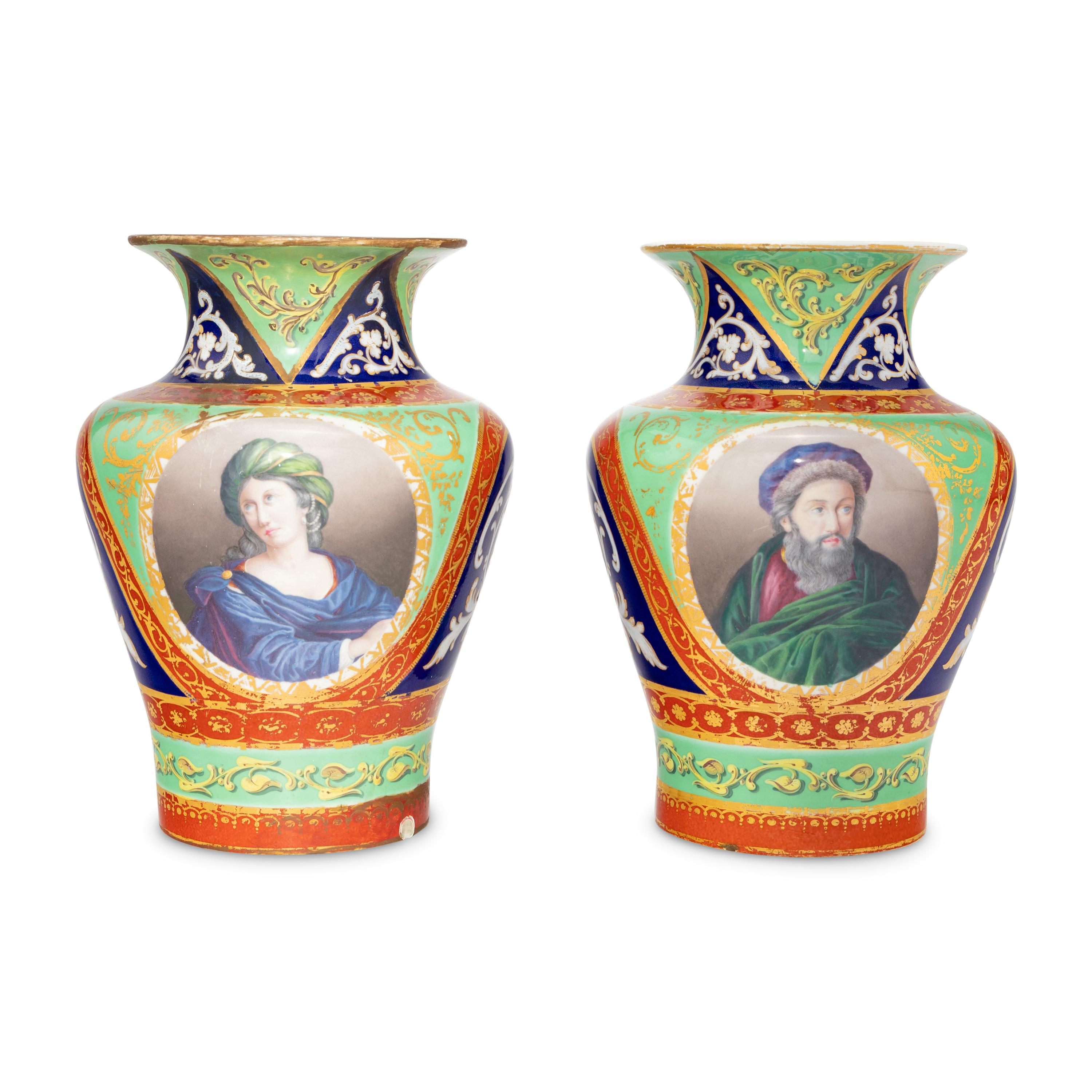 A Pair of Hand-Painted and Parcel-Gilt Porcelain Vases