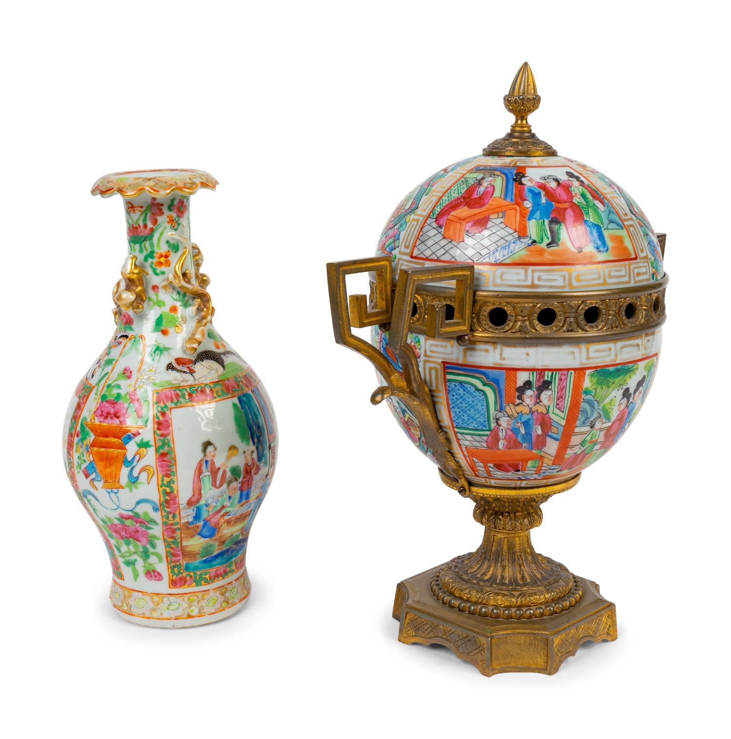 A Chinese Rose Canton Bronze Mounted Incense Burner and a Vase — 20TH CENTURY, BRAND-CHATILLON CO.
