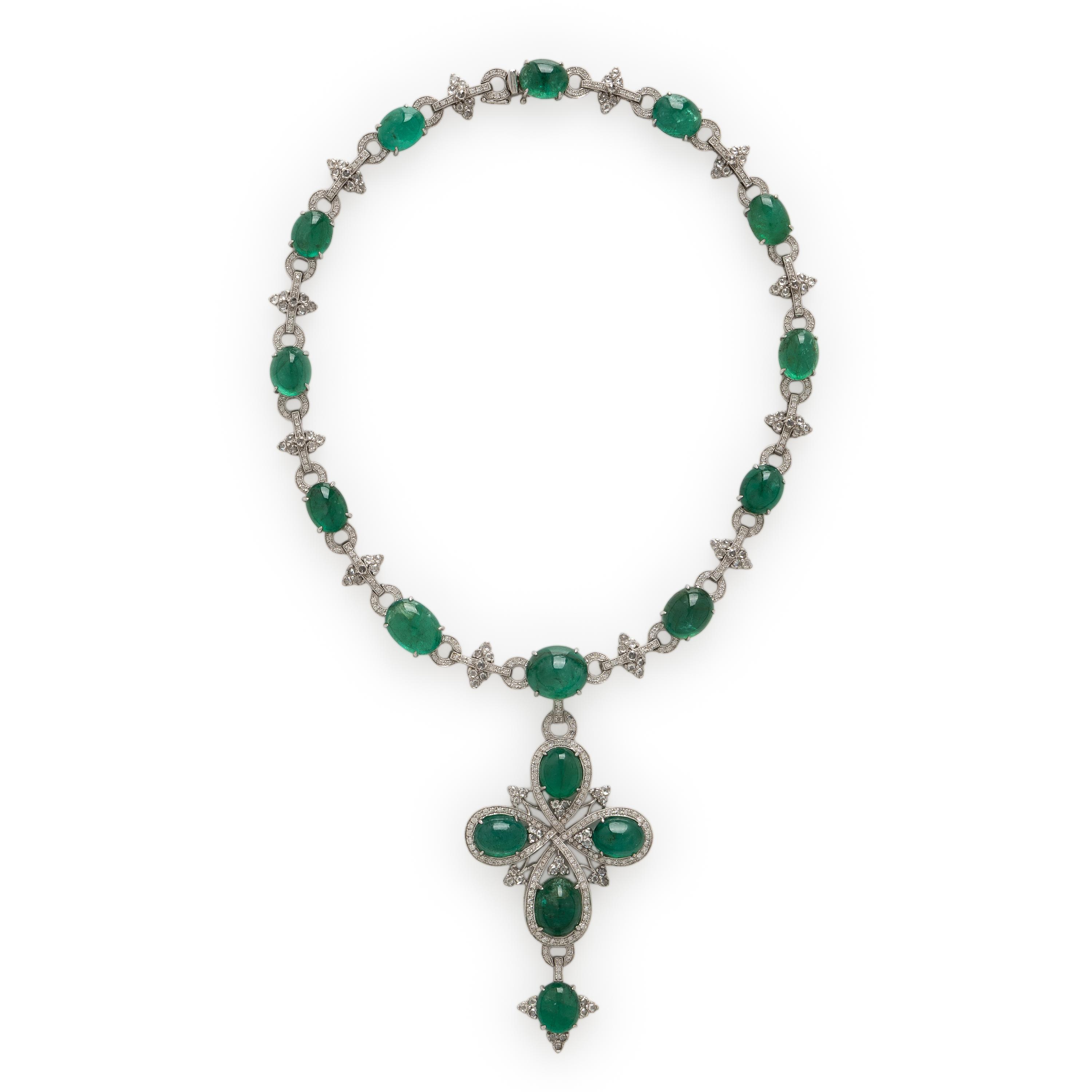 Emerald, Diamond, and White Gold Necklace