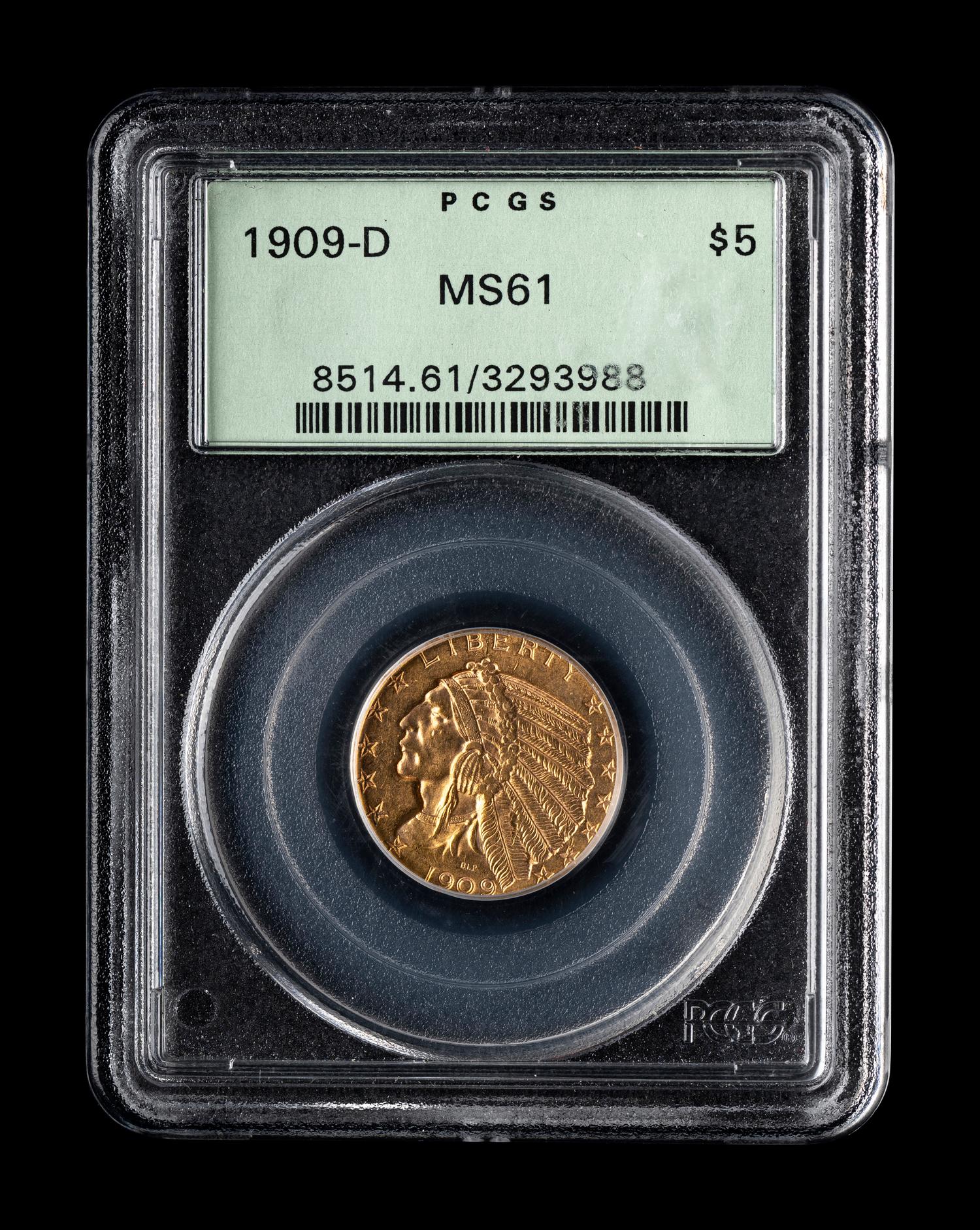 A 1909-D Indian Head $5 Gold Coin (PCGS MS61)
