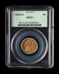 A 1909-D Indian Head $5 Gold Coin (PCGS MS61)