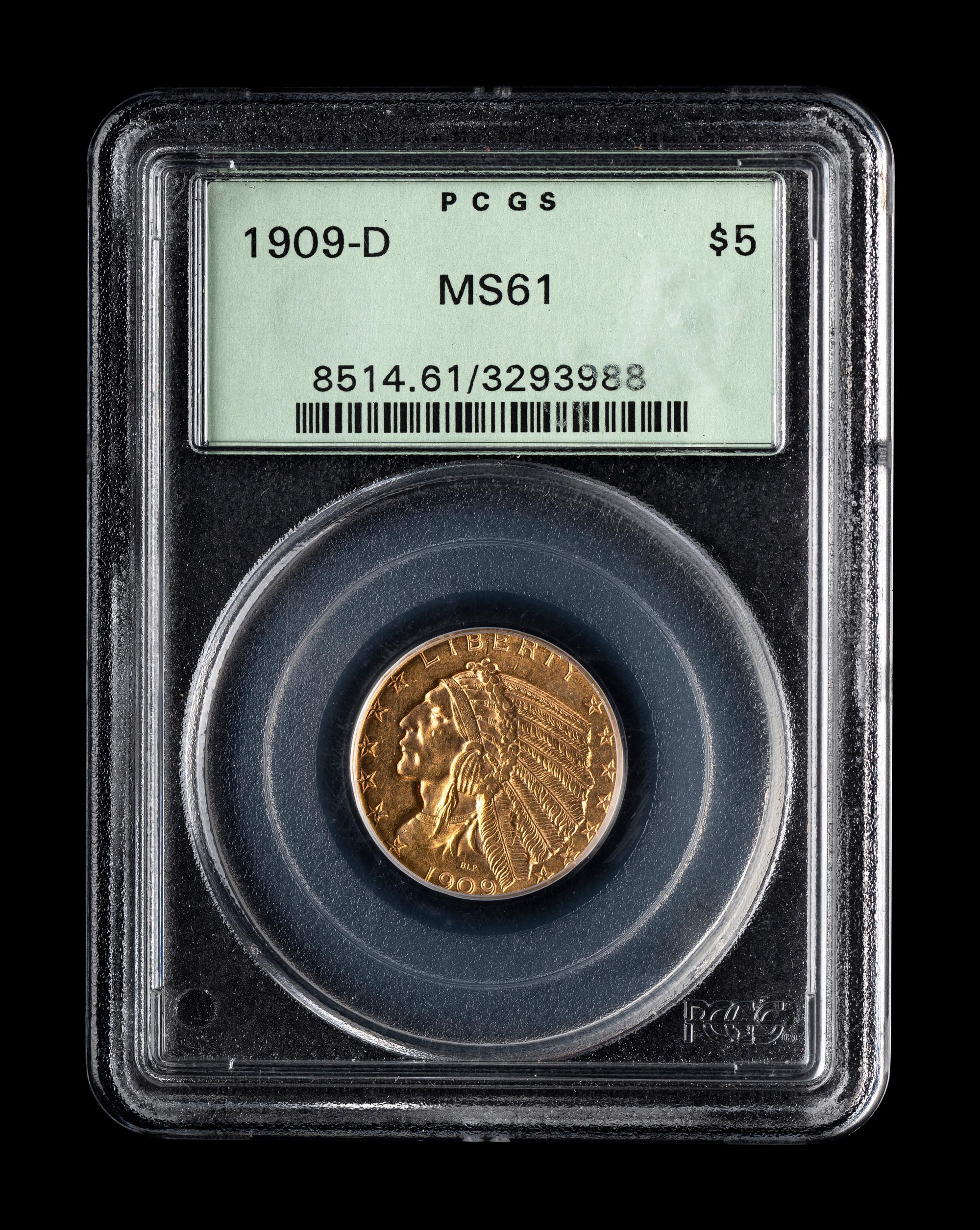 A 1909-D Indian Head $5 Gold Coin (PCGS MS61)