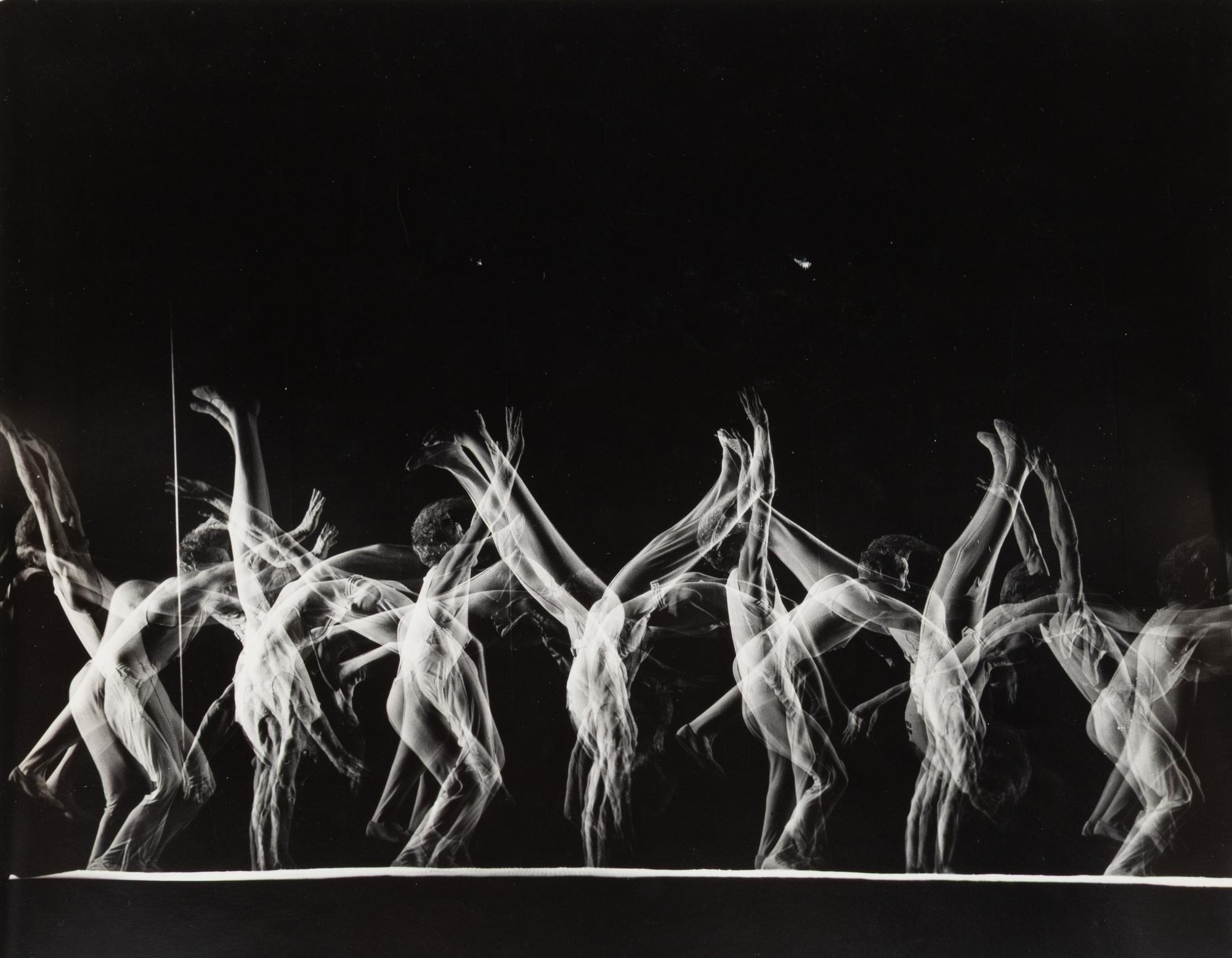 Stroboscopic image of tumbling sequence performed by Danish men's gymnastics team , NY, 1948
