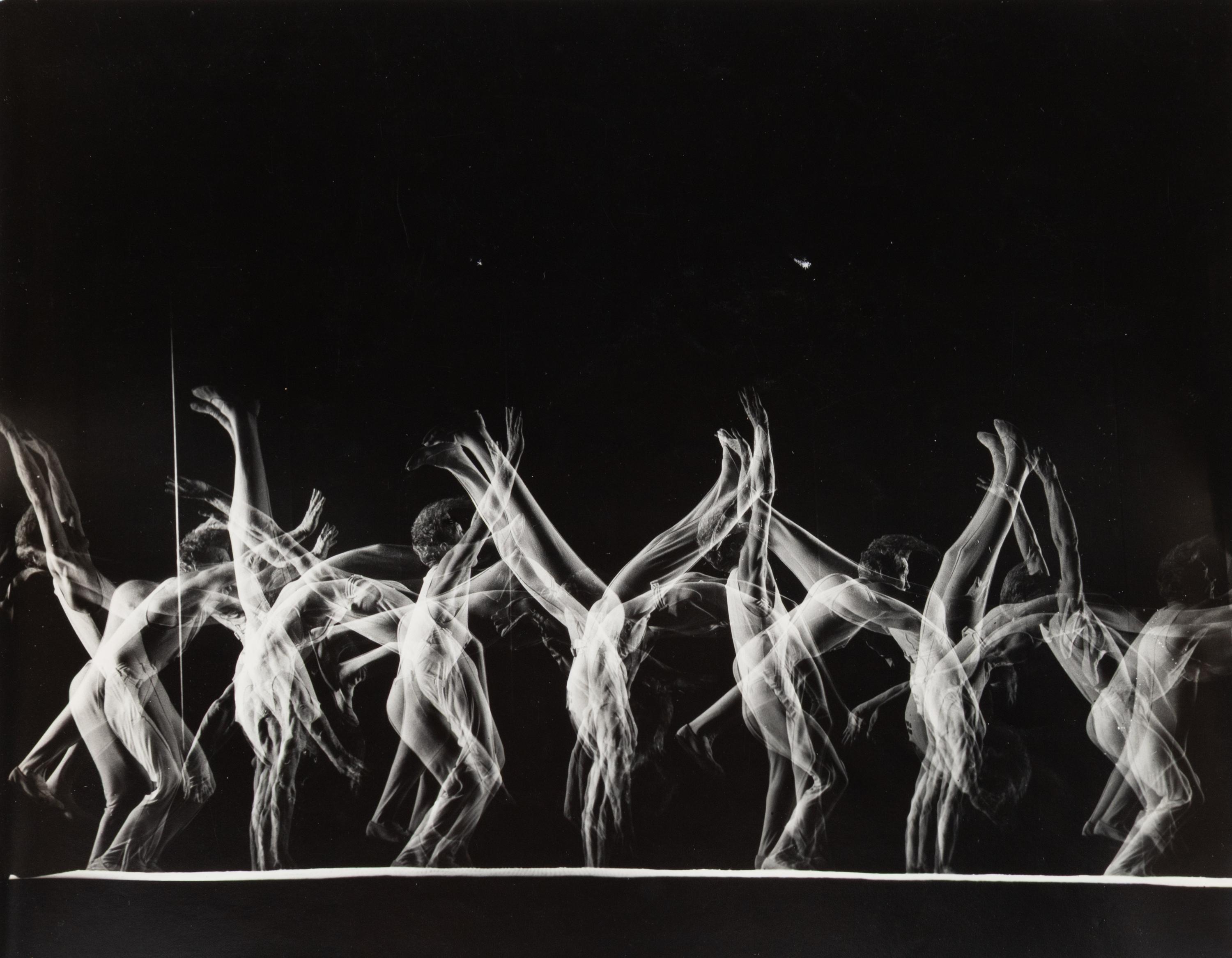 Stroboscopic image of tumbling sequence performed by Danish men's gymnastics team , NY, 1948
