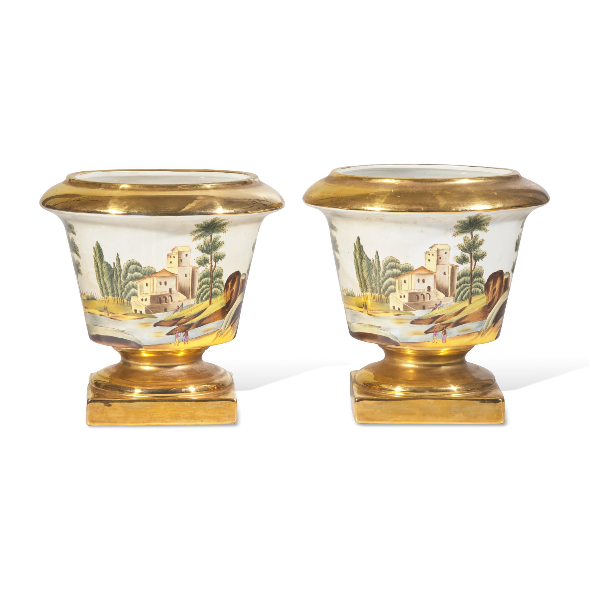 A Pair of Chelsea House Polychrome Painted and Parcel-Gilt Porcelain Jardinières
