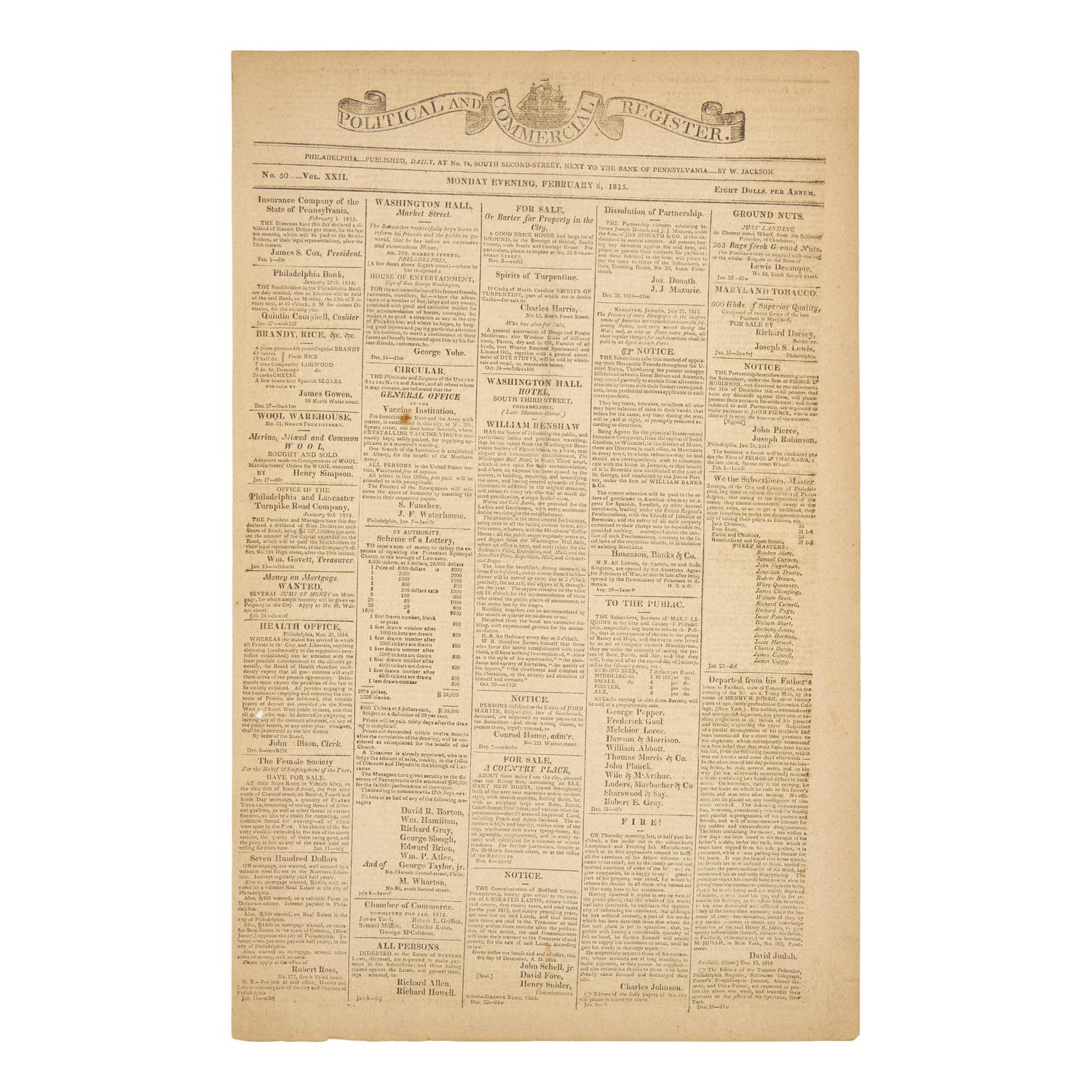 [Jackson, Andrew] Group of 2 Newspapers, Reporting on Jackson's Victory Over the British at New Orleans and His Fourth State of the Union Address