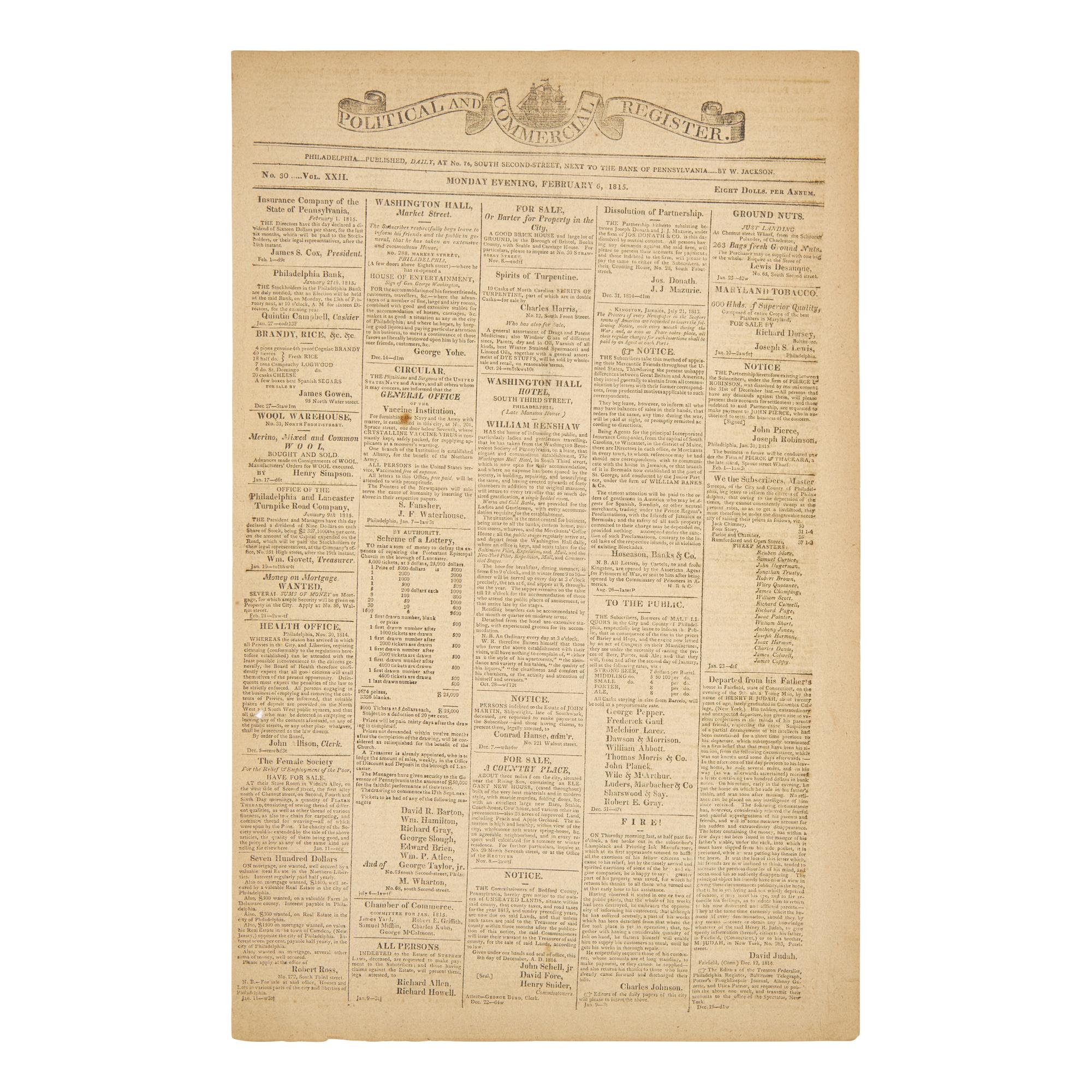 [Jackson, Andrew] Group of 2 Newspapers, Reporting on Jackson's Victory Over the British at New Orleans and His Fourth State of the Union Address