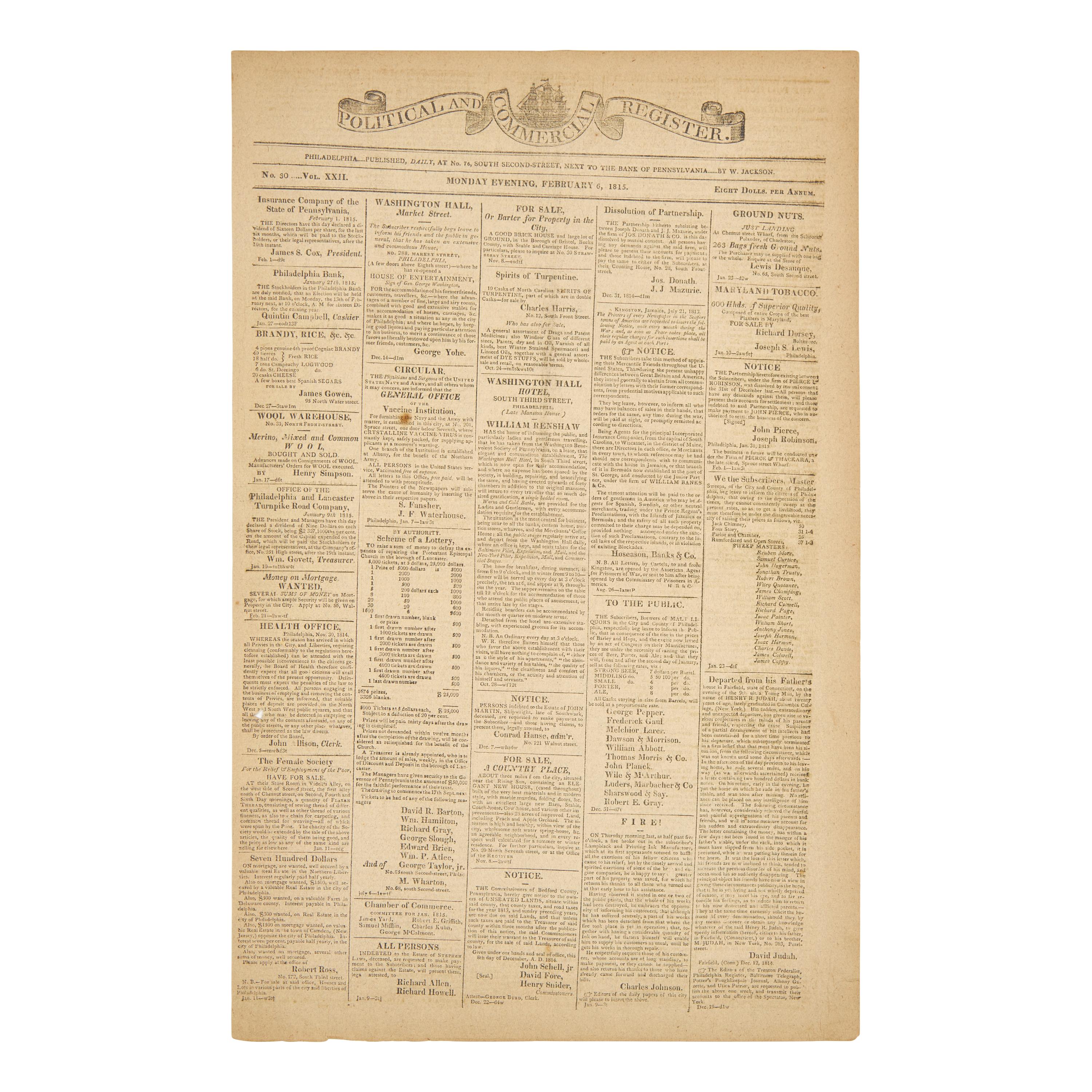 [Jackson, Andrew] Group of 2 Newspapers, Reporting on Jackson's Victory Over the British at New Orleans and His Fourth State of the Union Address