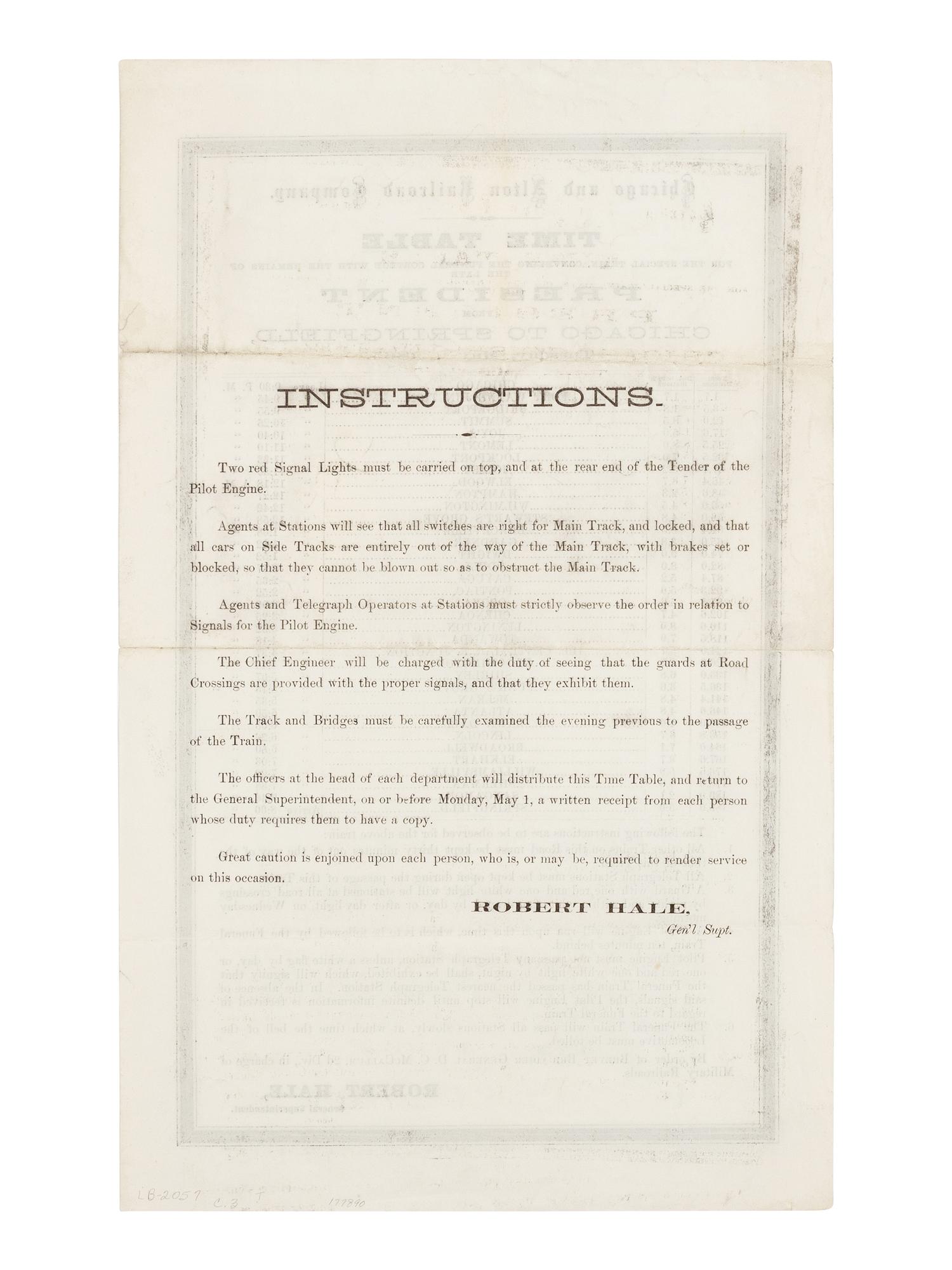 [LINCOLN'S FUNERAL]. Time table for the special train, conveying the funeral cortege with the remains of the late President from Chicago to Springfield . Chicago and Alton Railroad Company, 2 May 1865.