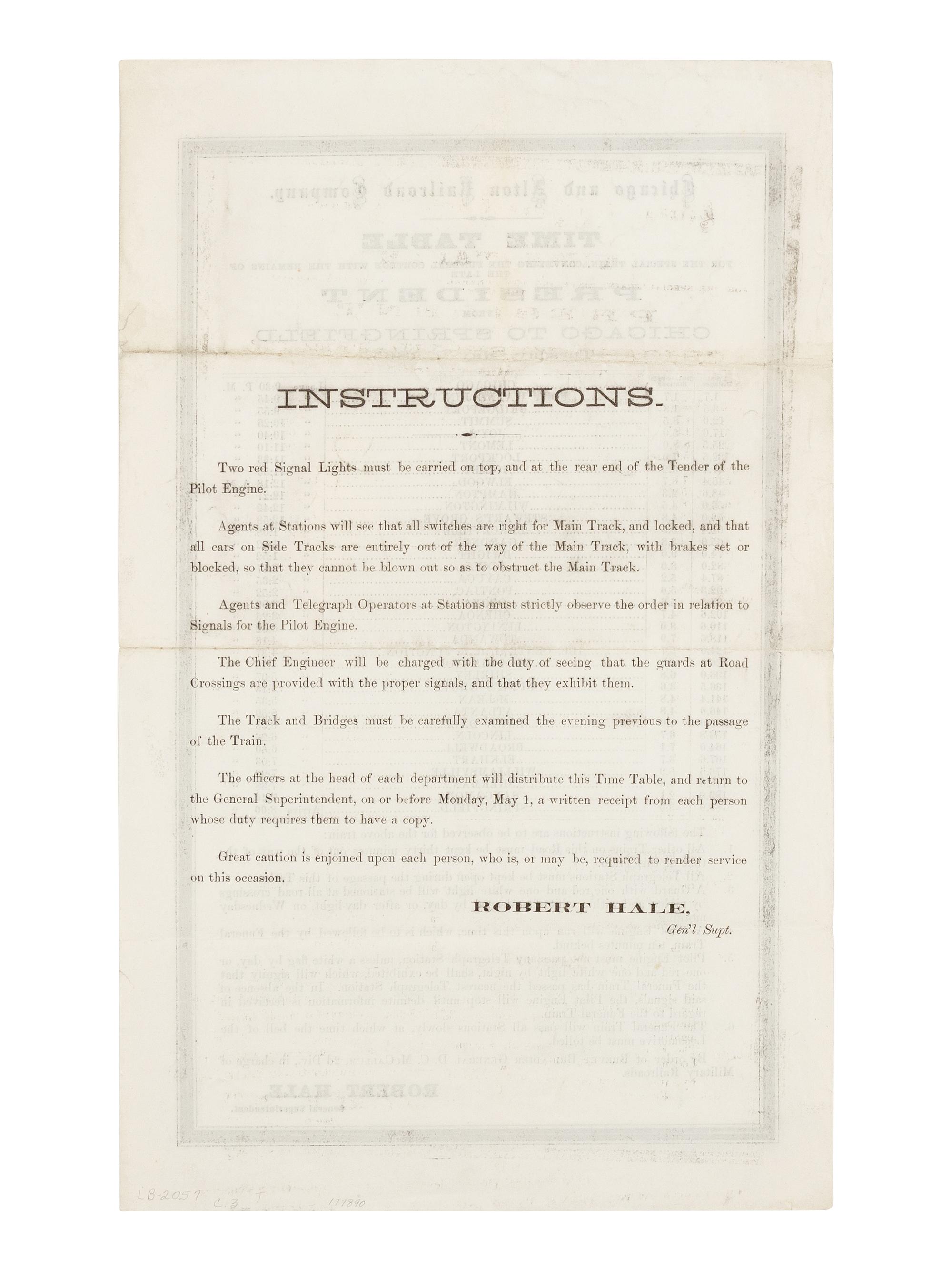 [LINCOLN'S FUNERAL]. Time table for the special train, conveying the funeral cortege with the remains of the late President from Chicago to Springfield . Chicago and Alton Railroad Company, 2 May 1865.