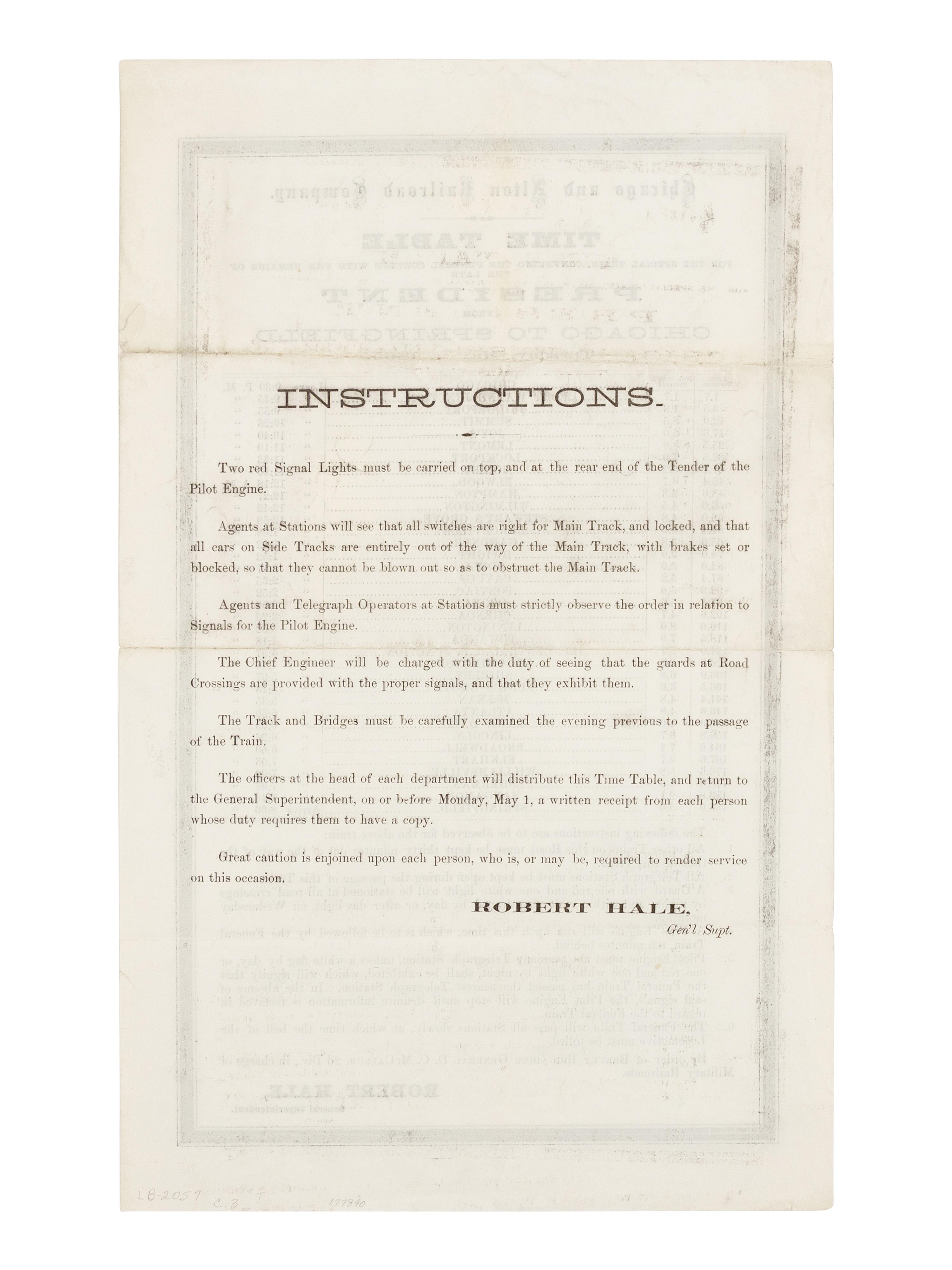 [LINCOLN'S FUNERAL]. Time table for the special train, conveying the funeral cortege with the remains of the late President from Chicago to Springfield . Chicago and Alton Railroad Company, 2 May 1865.